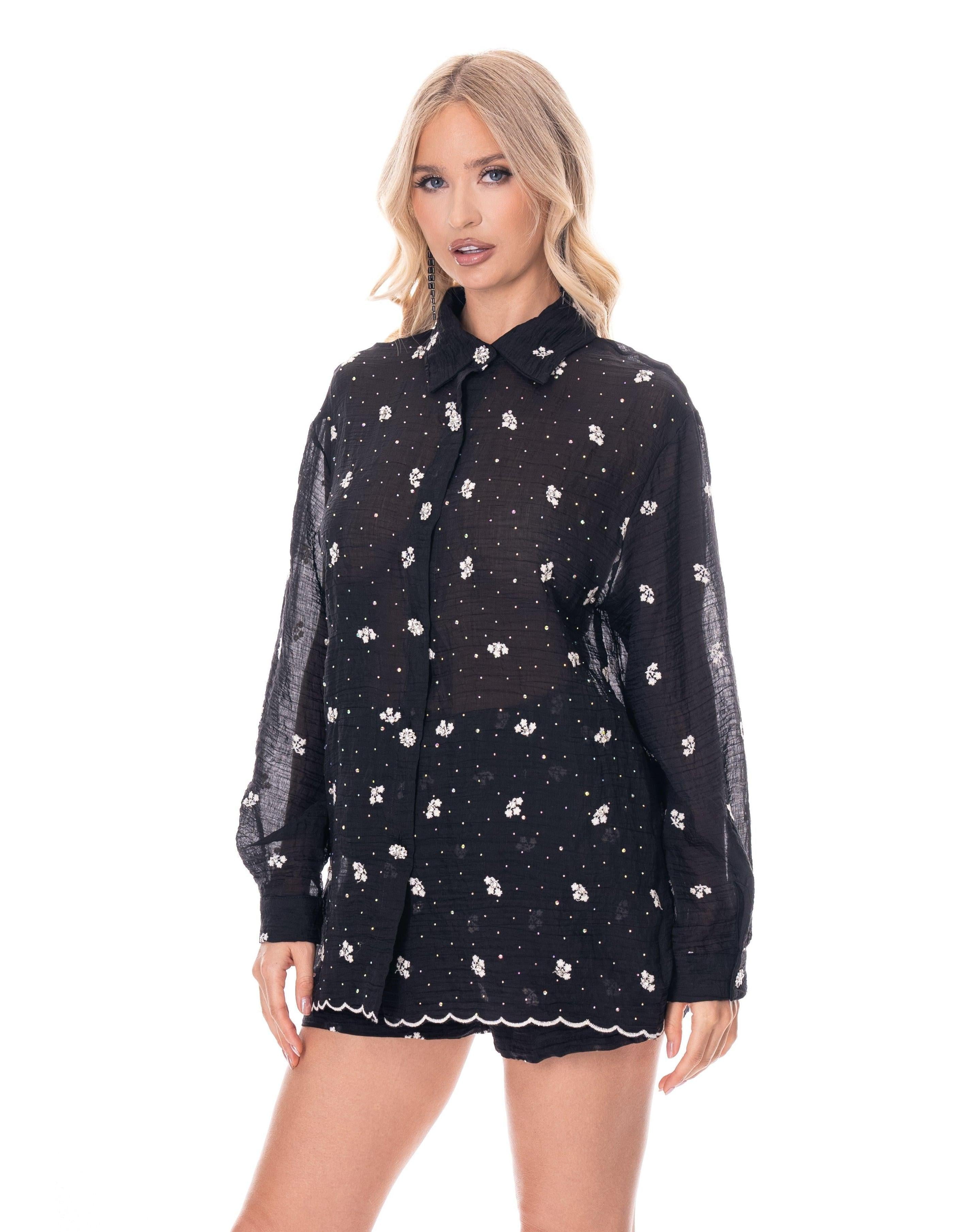 Sheer Floral Button-Down - Black