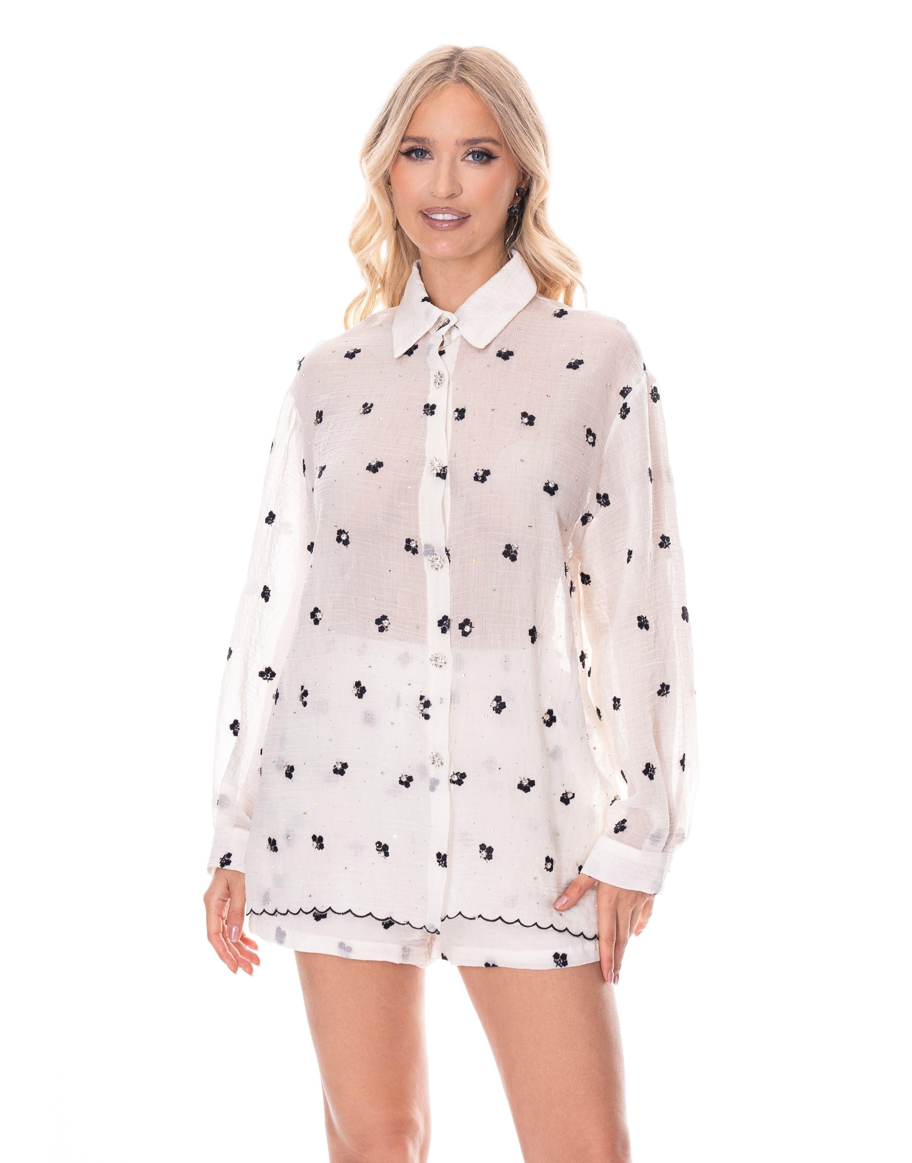 Sheer Floral Button-Down - White