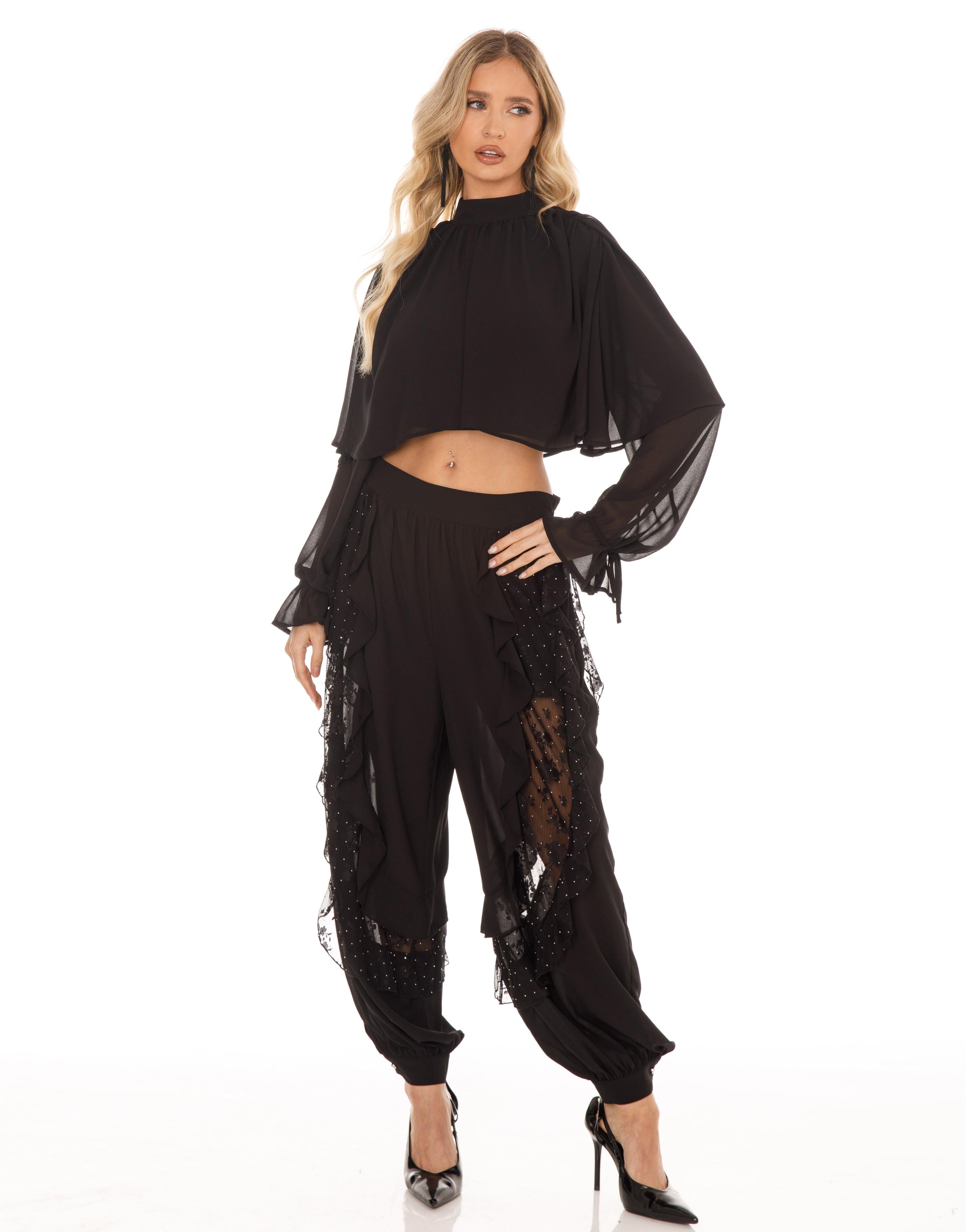 Sheer Sleeve Ruffle Matching Set - Black