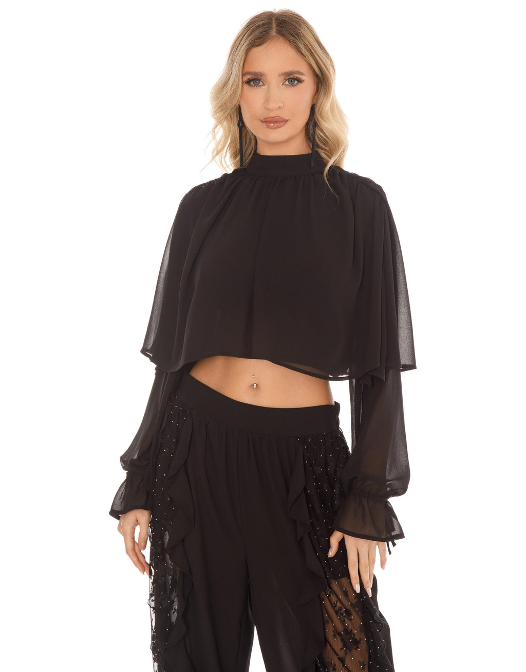 Sheer Sleeve Ruffle Matching Set - Black