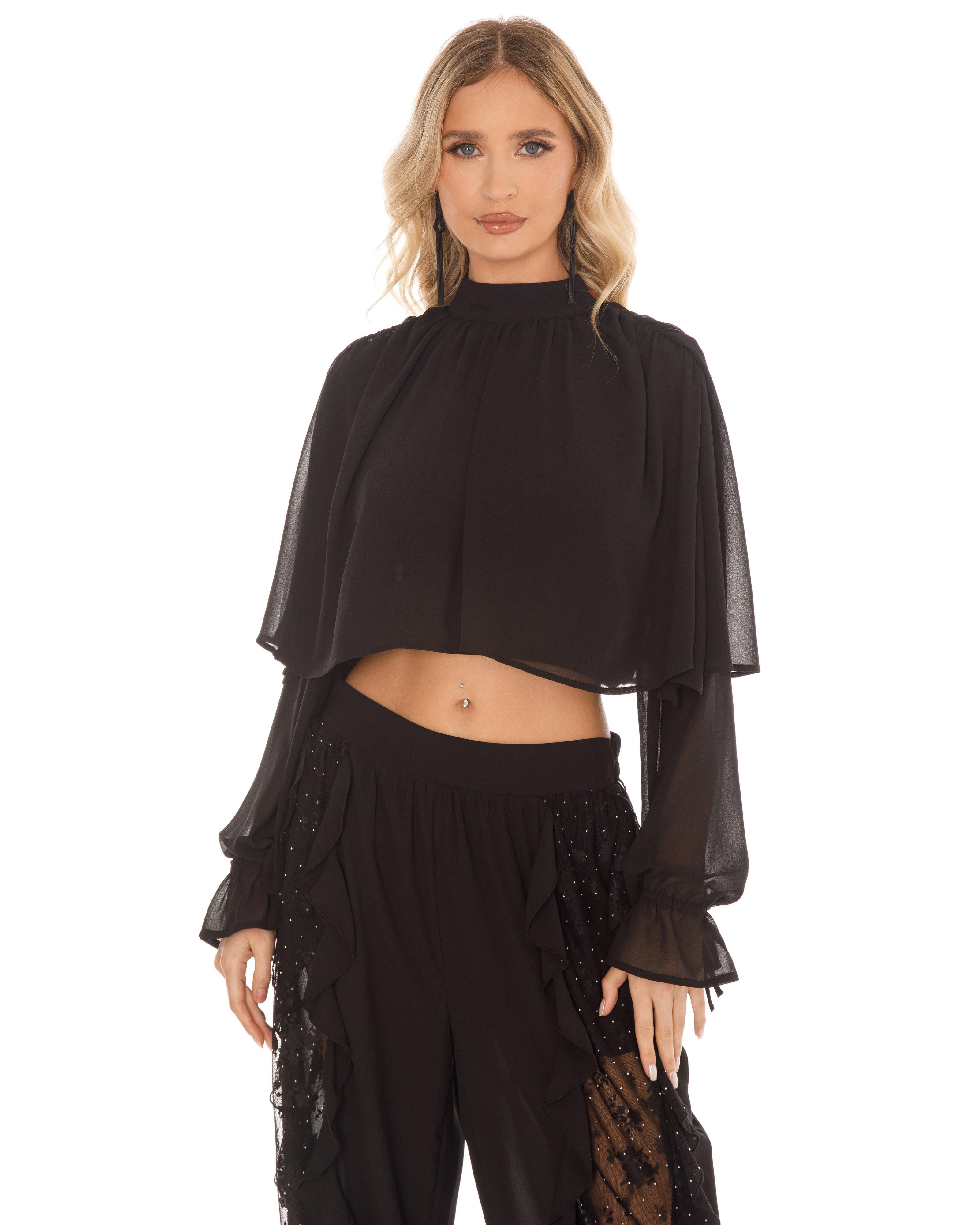 Sheer Sleeve Ruffle Matching Set - Black