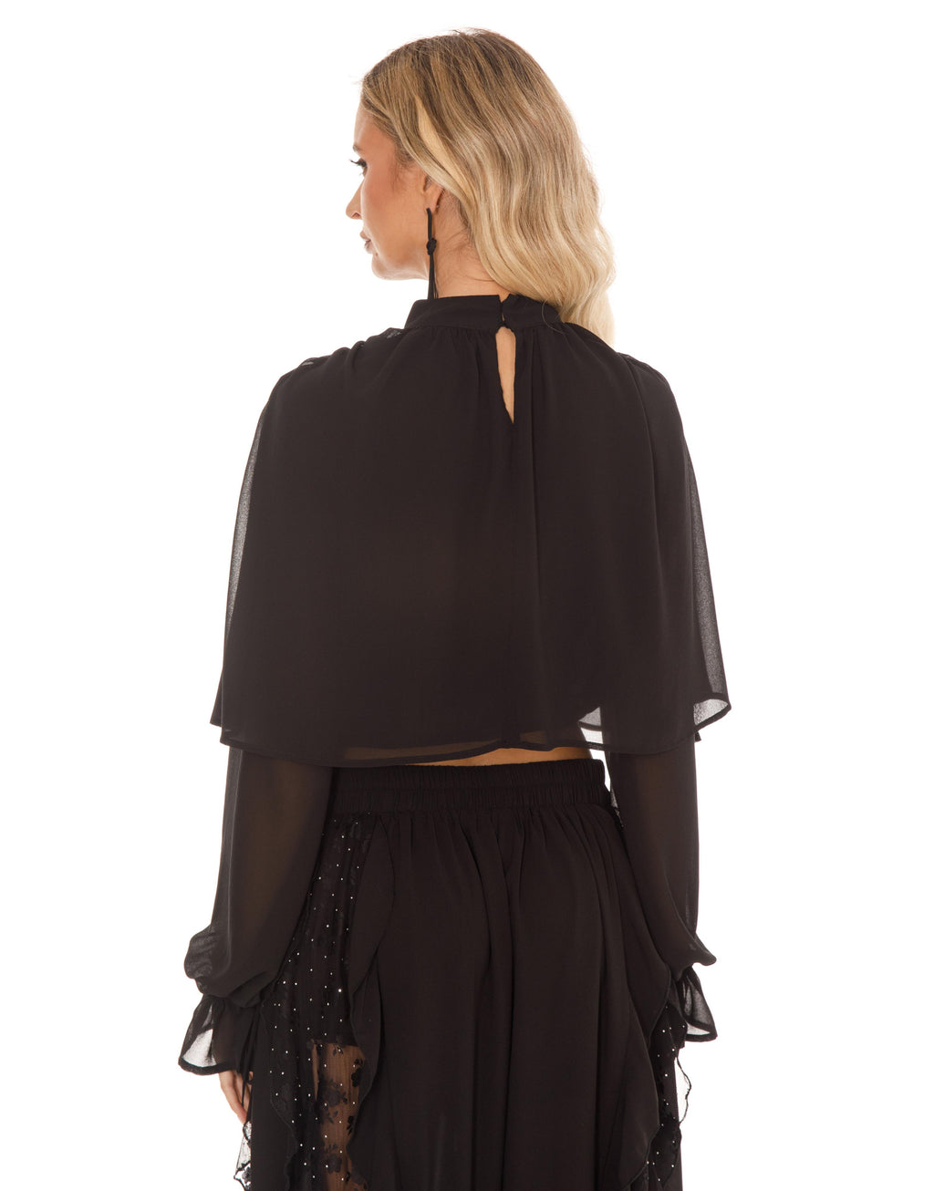 Sheer Sleeve Ruffle Matching Set - Black