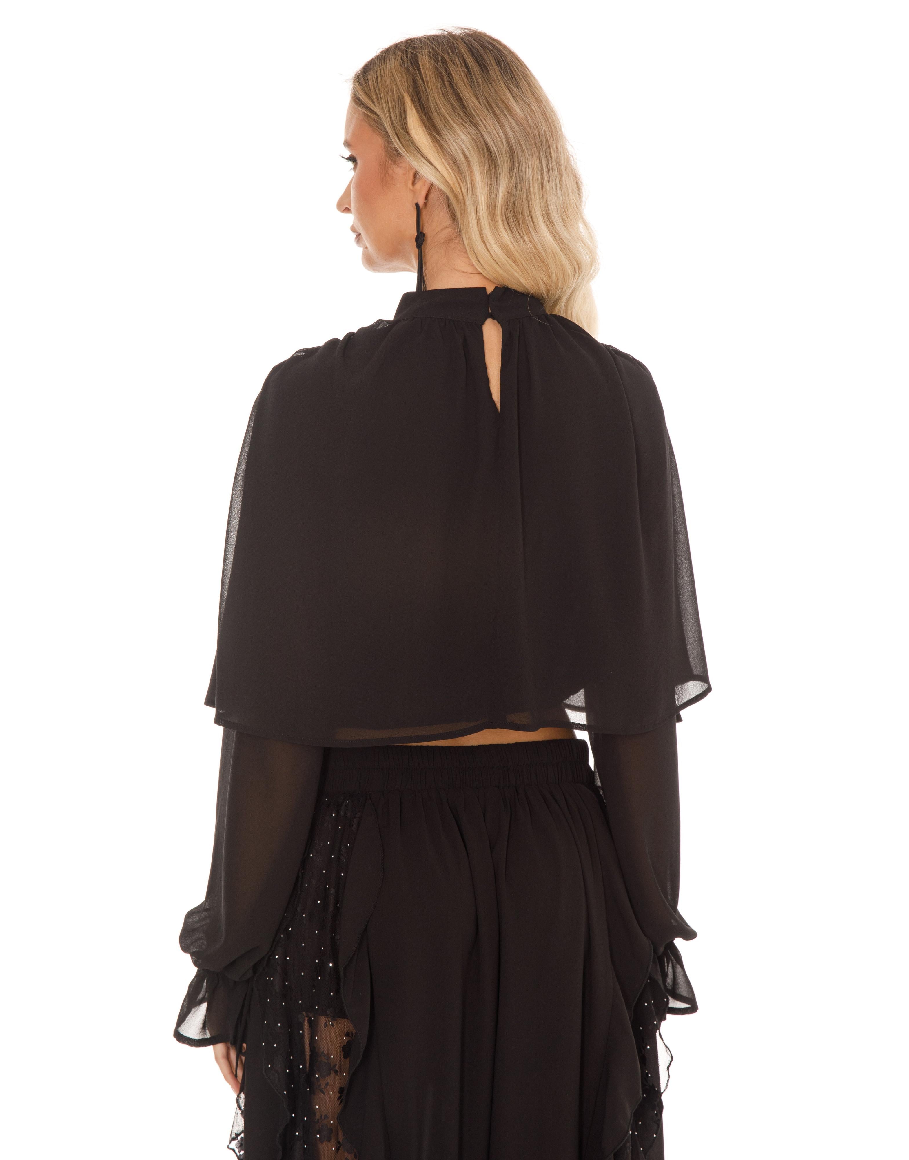 Sheer Sleeve Ruffle Matching Set - Black