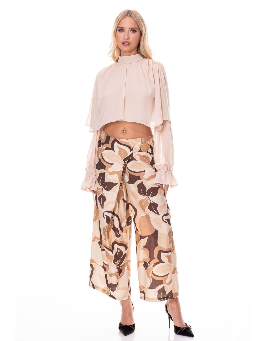 Sheer Sleeve Ruffle Matching Set - Camel