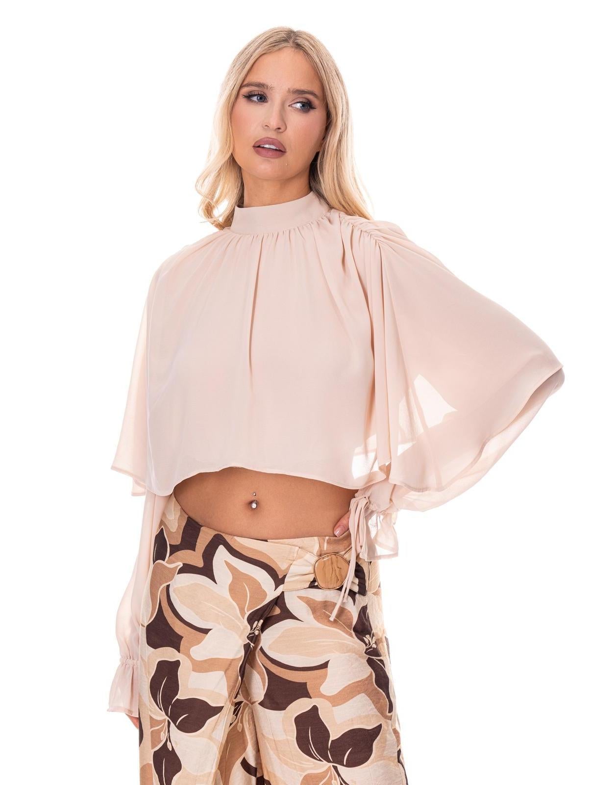 Sheer Sleeve Ruffle Matching Set - Camel