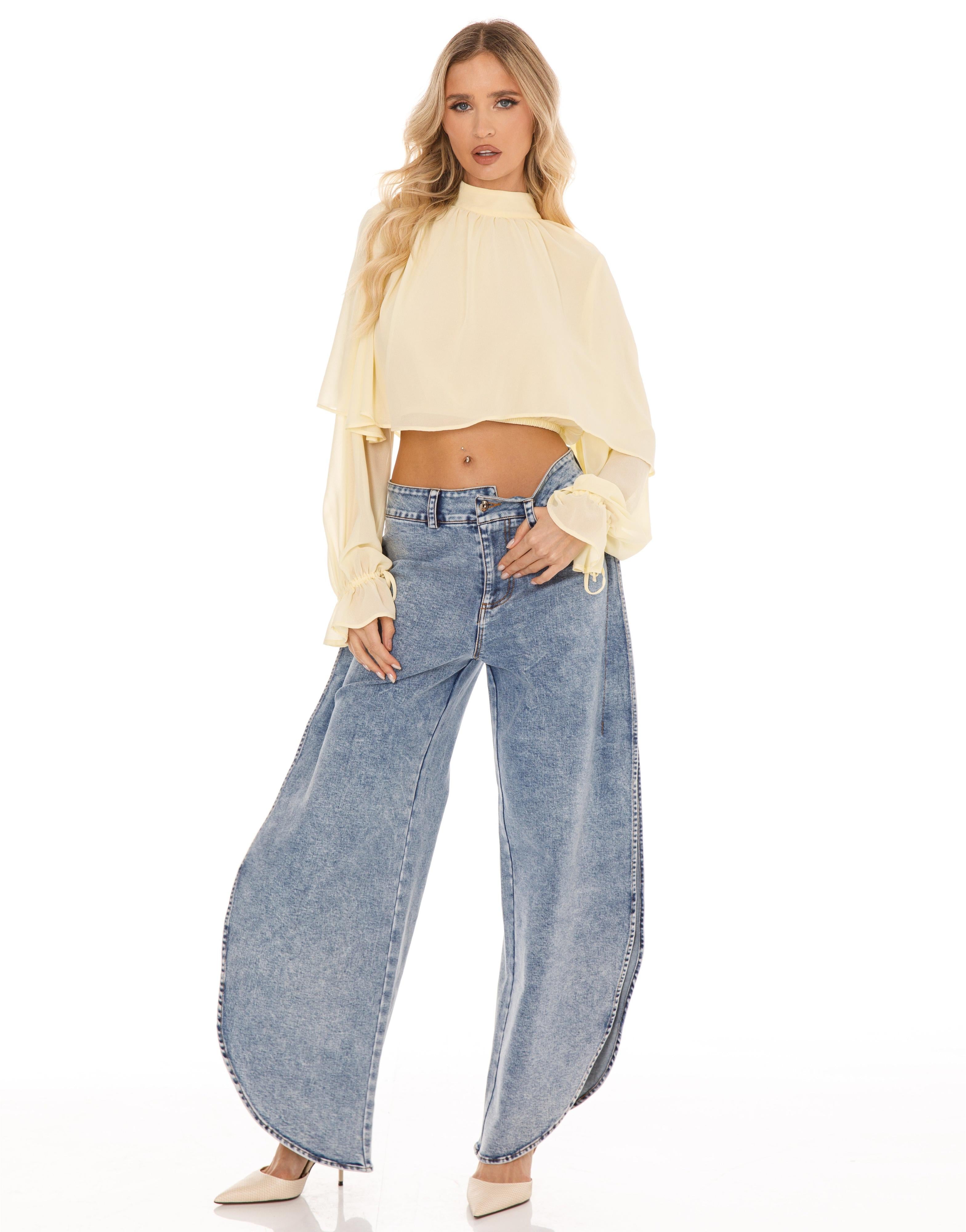 Sheer Sleeve Ruffle Matching Set - Yellow