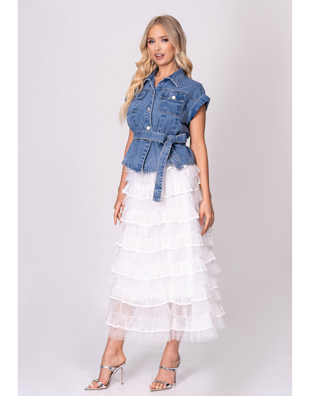 Denim Belted Button-Down Top - Denim