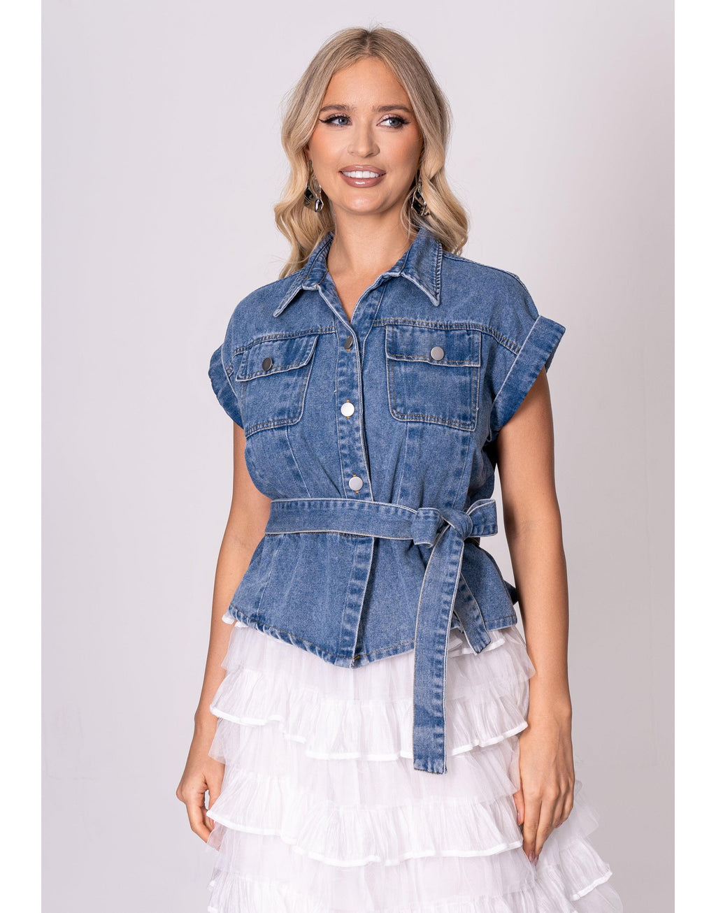 Denim Belted Button-Down Top - Denim