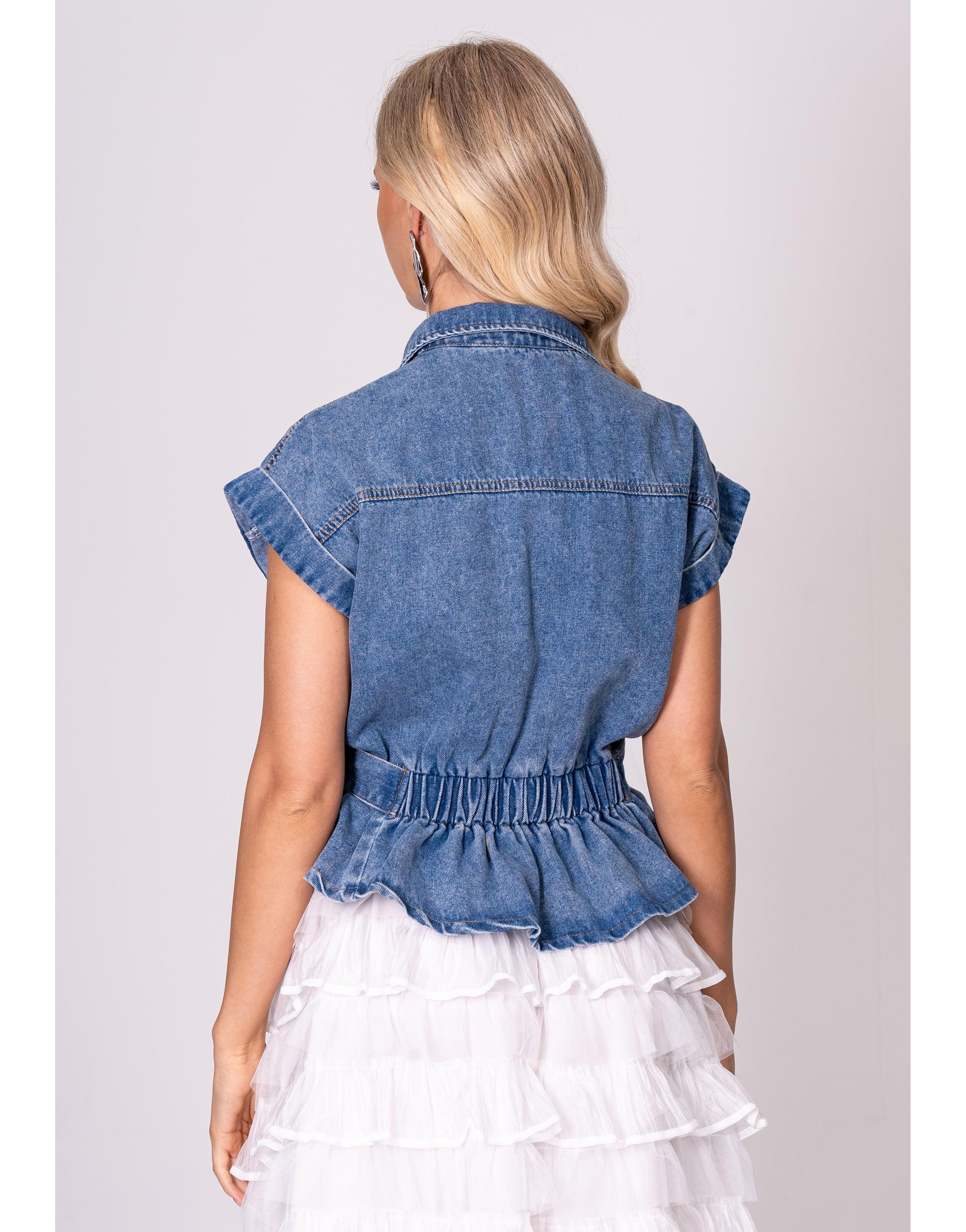 Denim Belted Button-Down Top - Denim