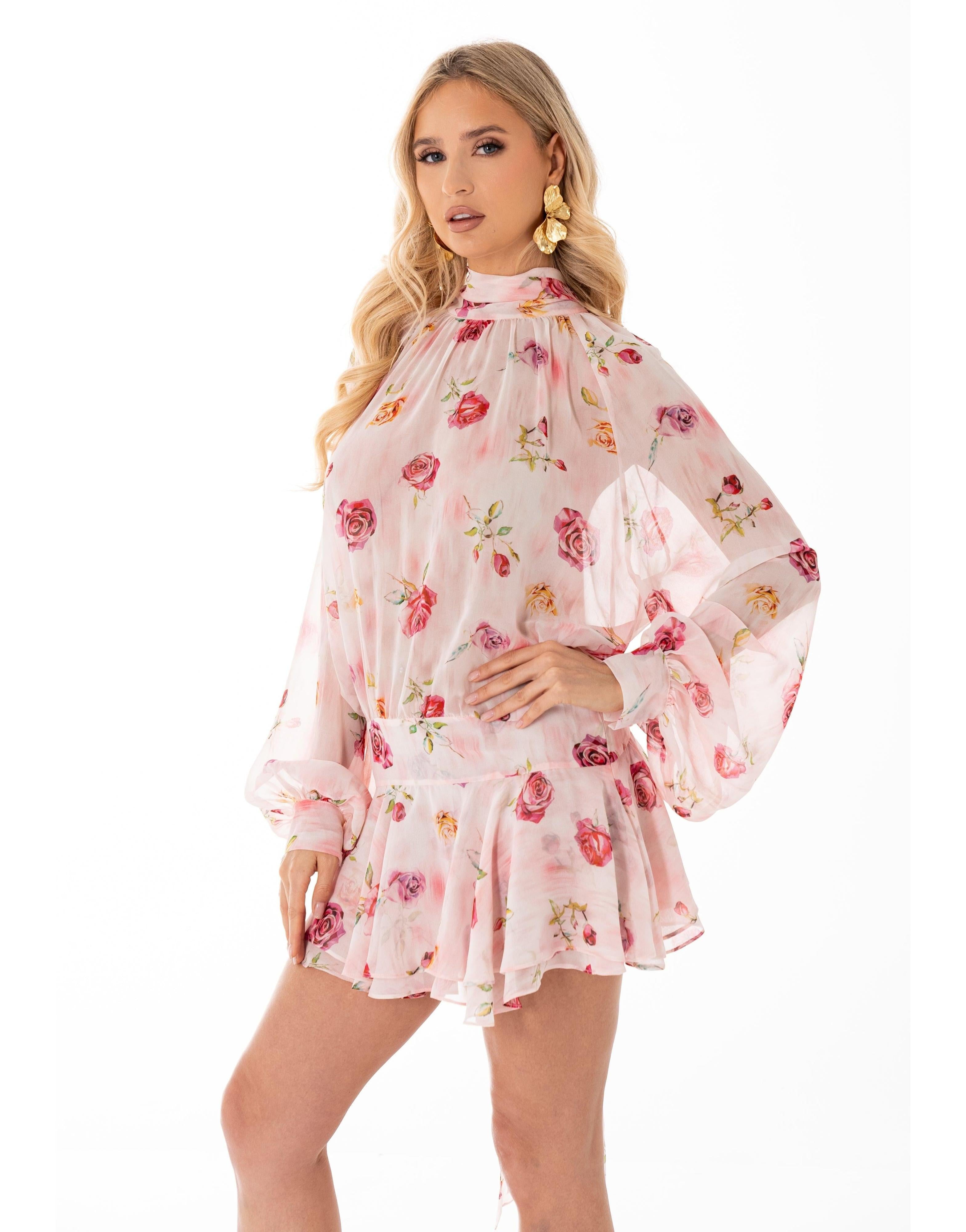 Floral High-Neck Mini Dress - Pink