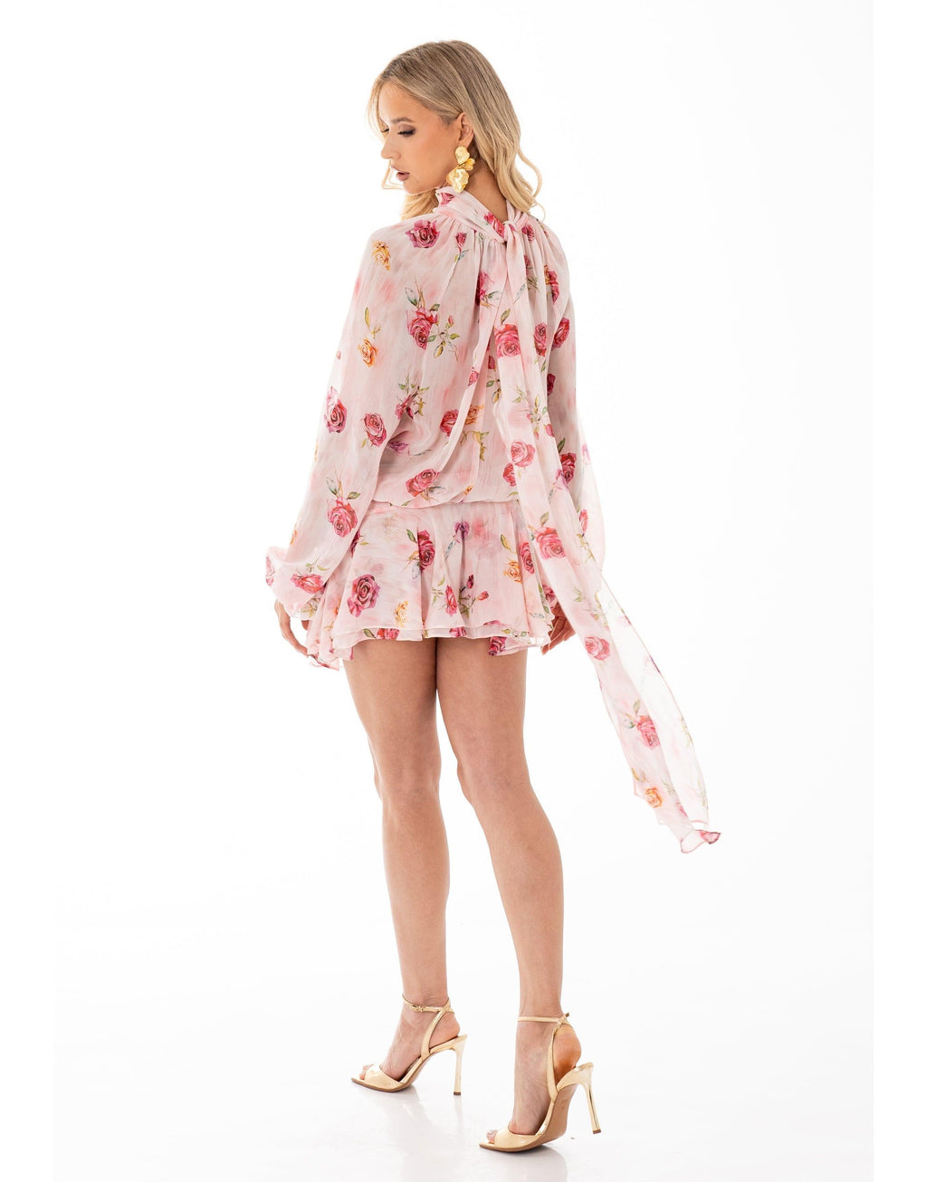 Floral High-Neck Mini Dress - Pink