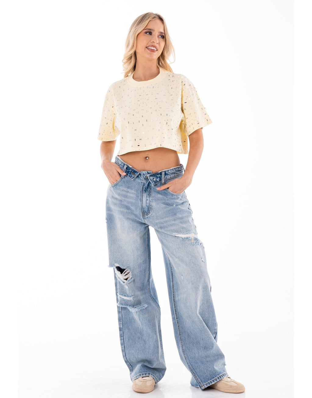 Speckled Short Sleeve Crop Top - Beige