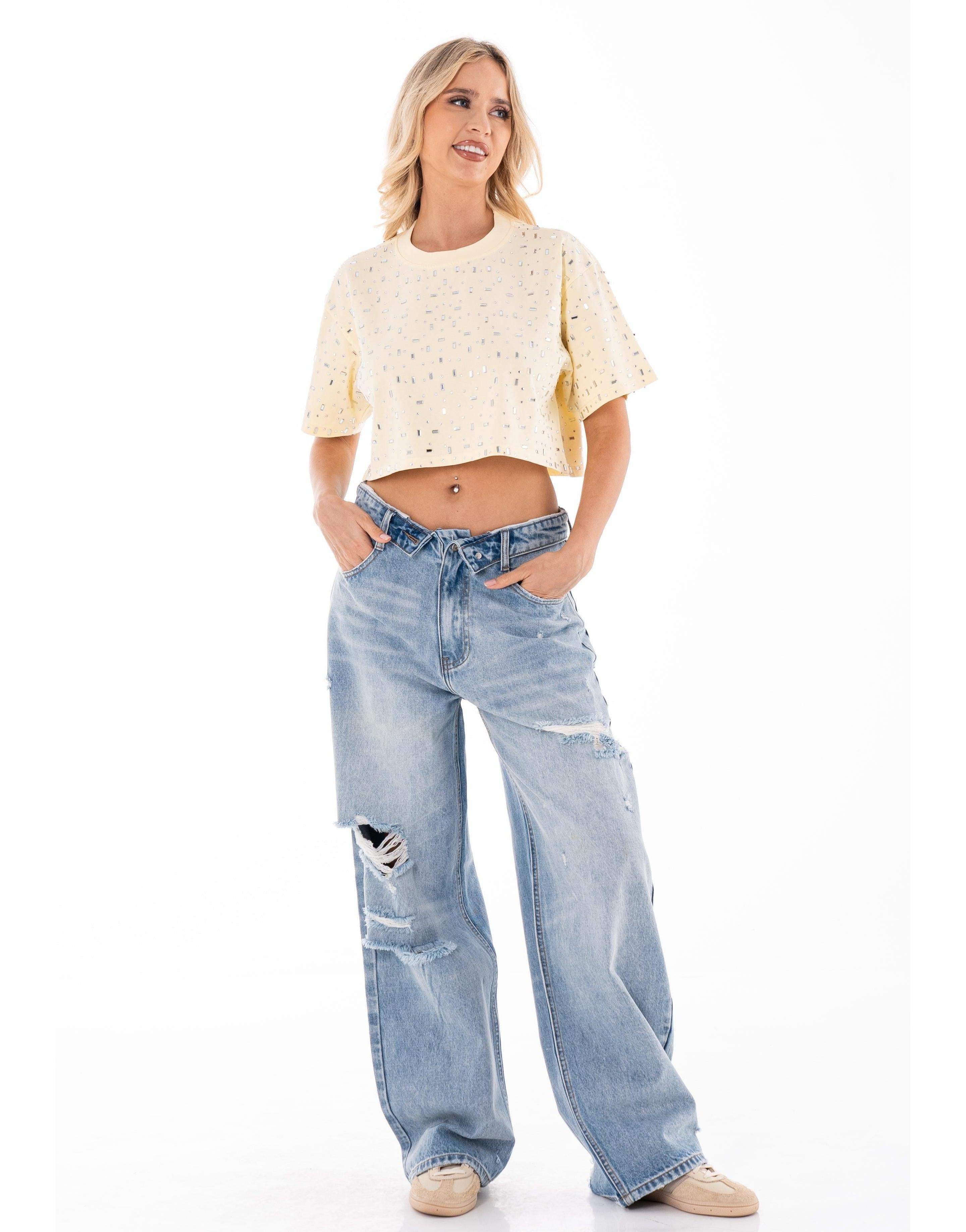Speckled Short Sleeve Crop Top - Beige