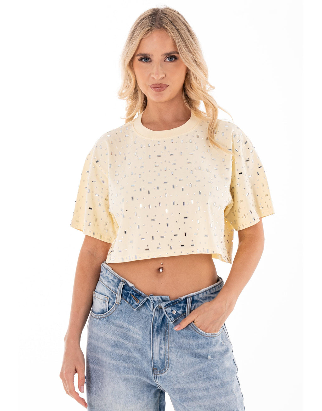 Speckled Short Sleeve Crop Top - Beige