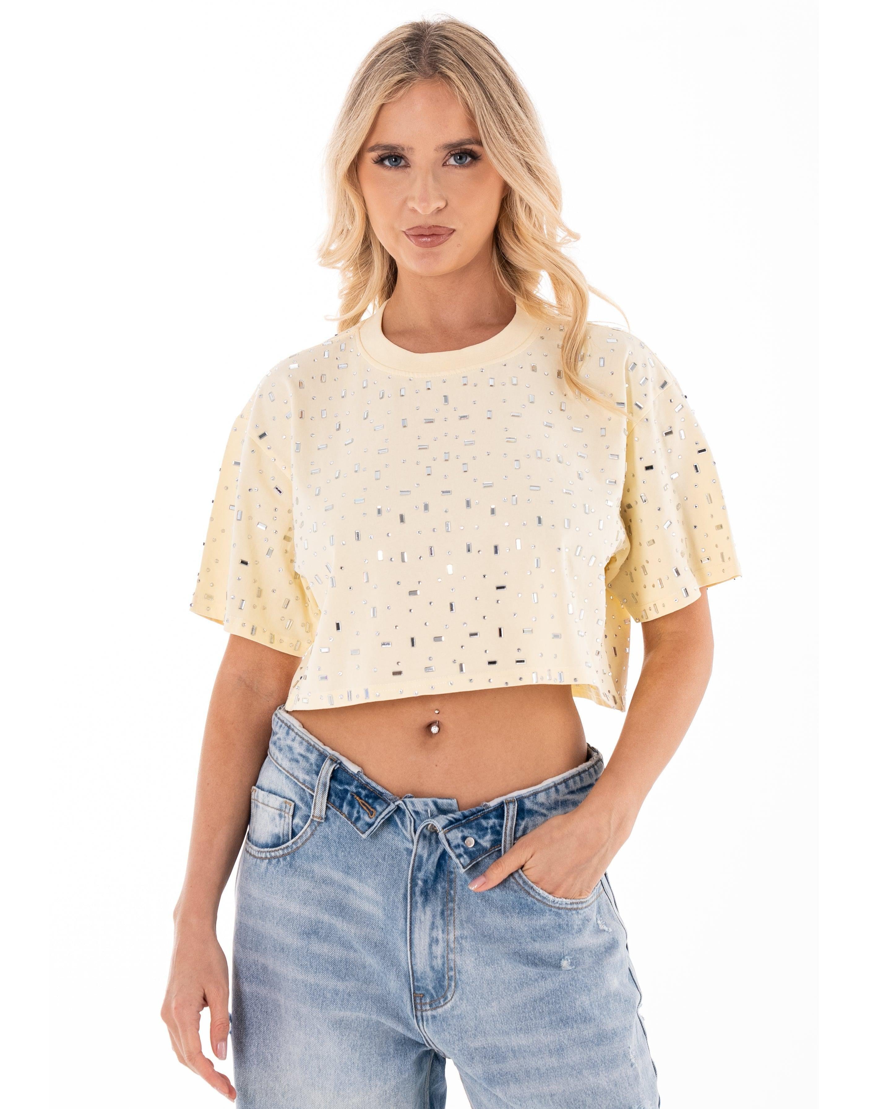 Speckled Short Sleeve Crop Top - Beige