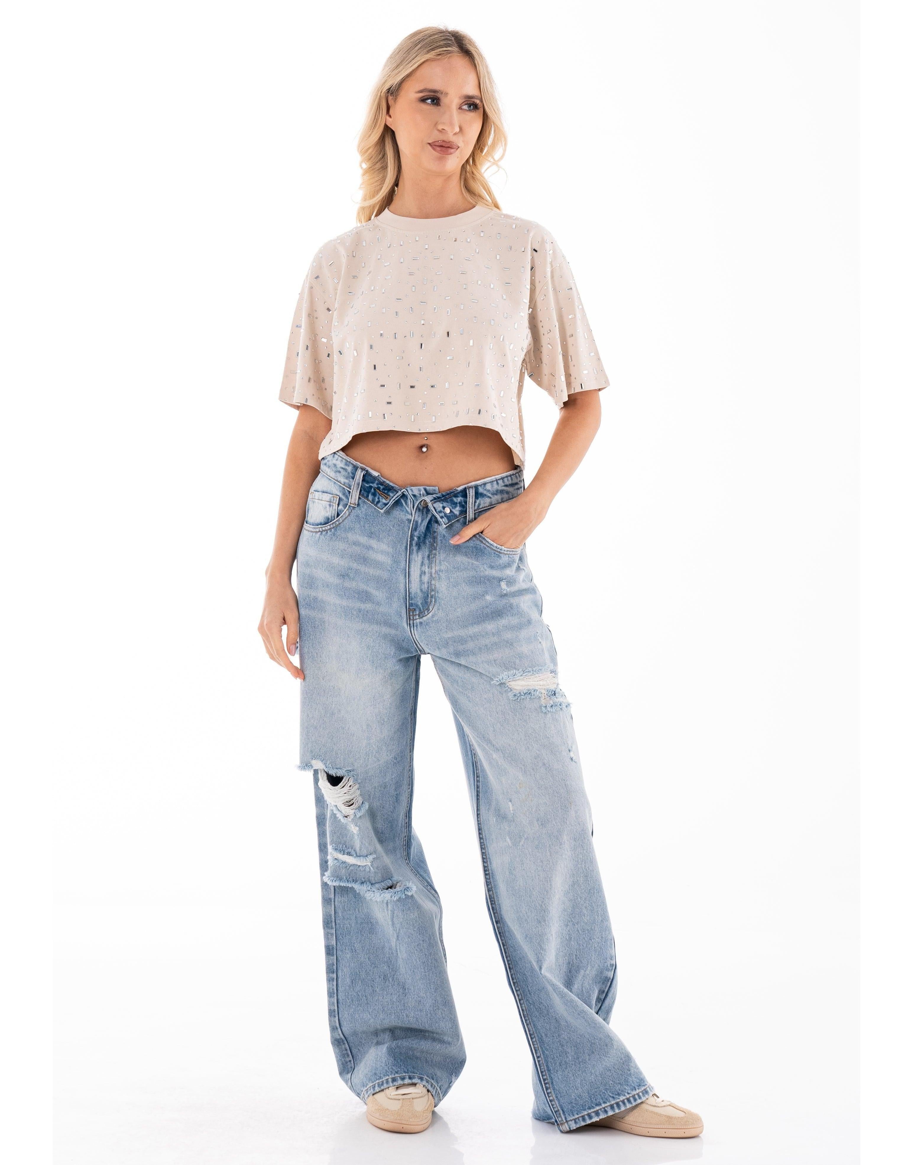 Speckled Short Sleeve Crop Top - Beige