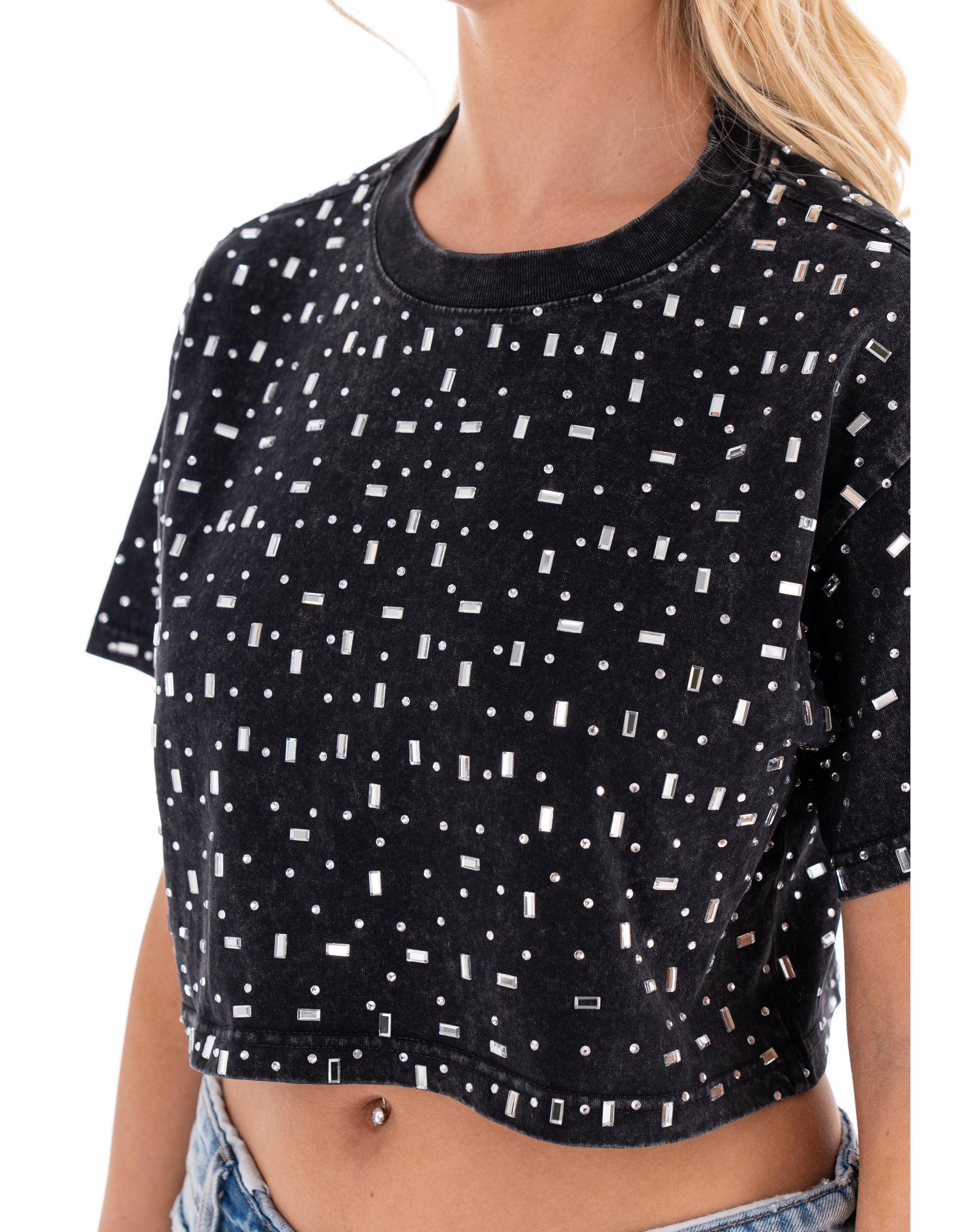 Speckled Short Sleeve Crop Top - Black