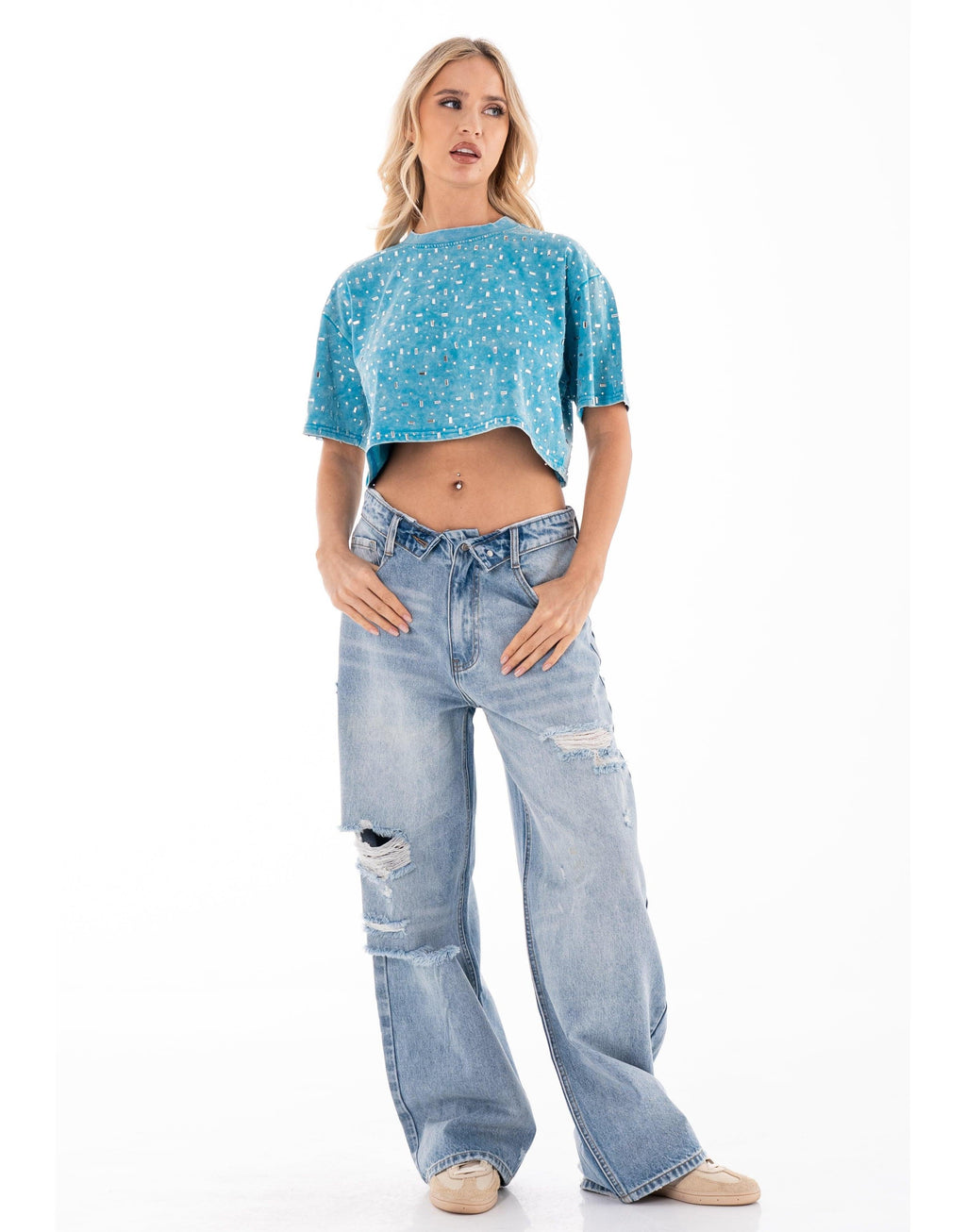 Speckled Short Sleeve Crop Top - Blue