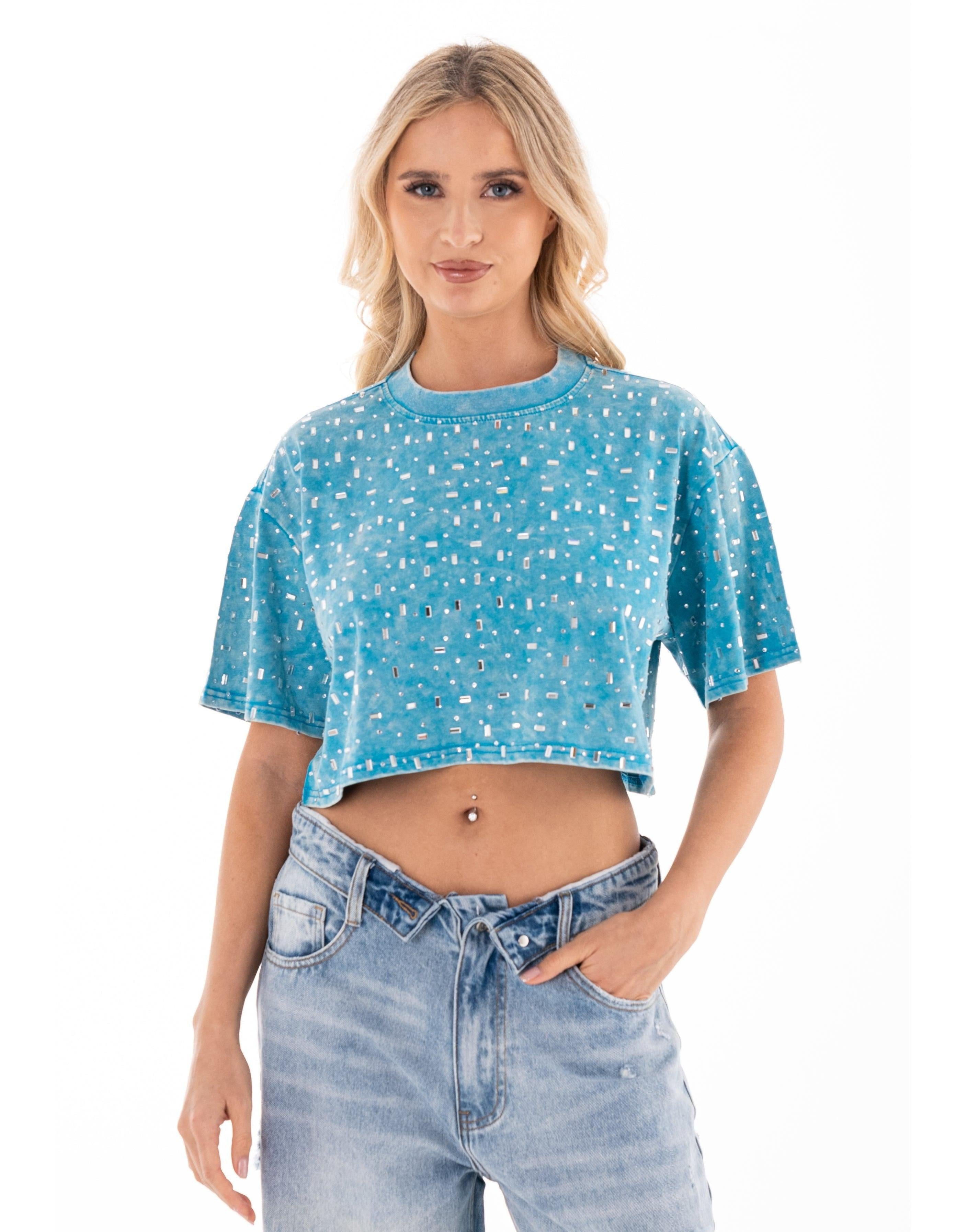 Speckled Short Sleeve Crop Top - Blue