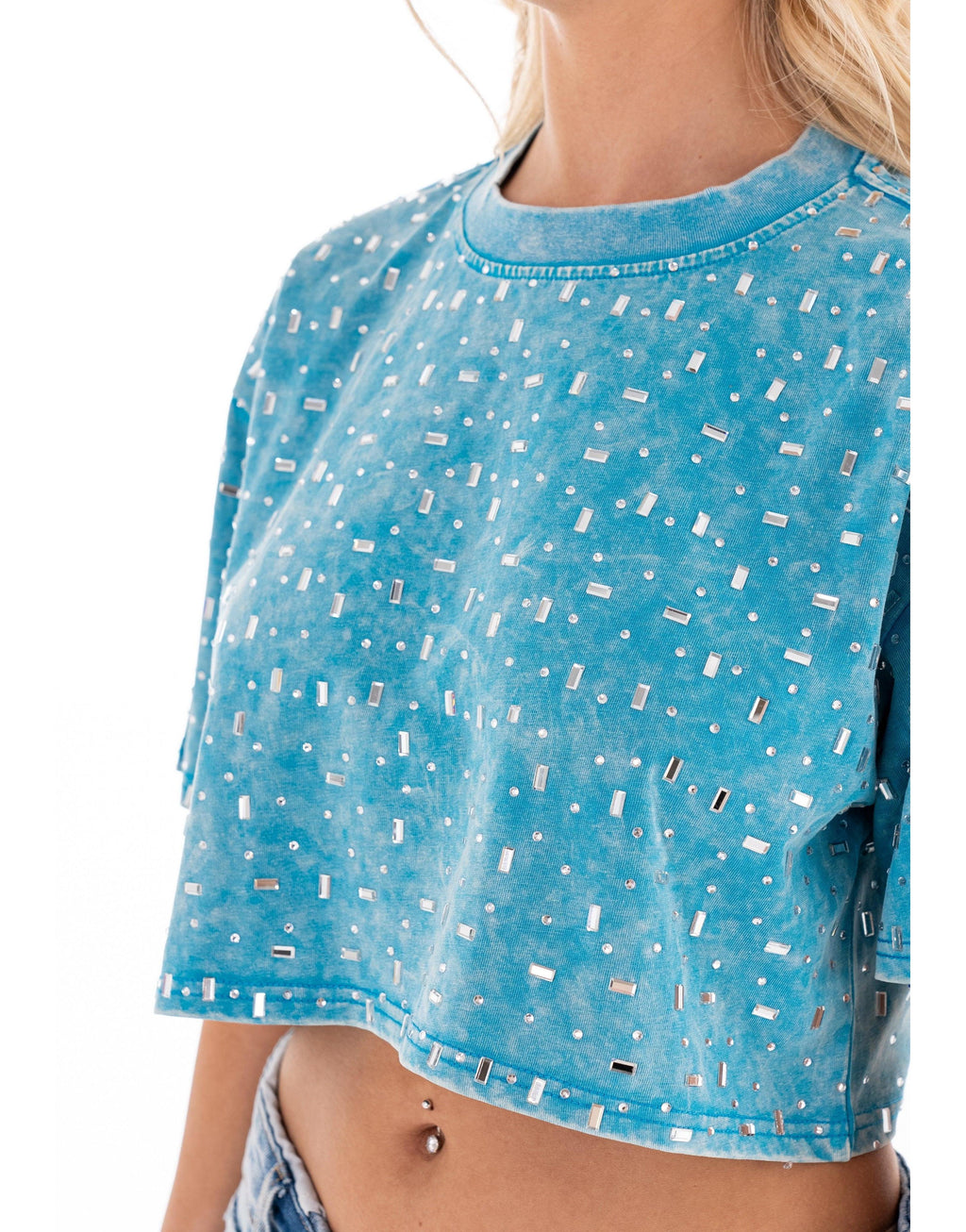 Speckled Short Sleeve Crop Top - Blue