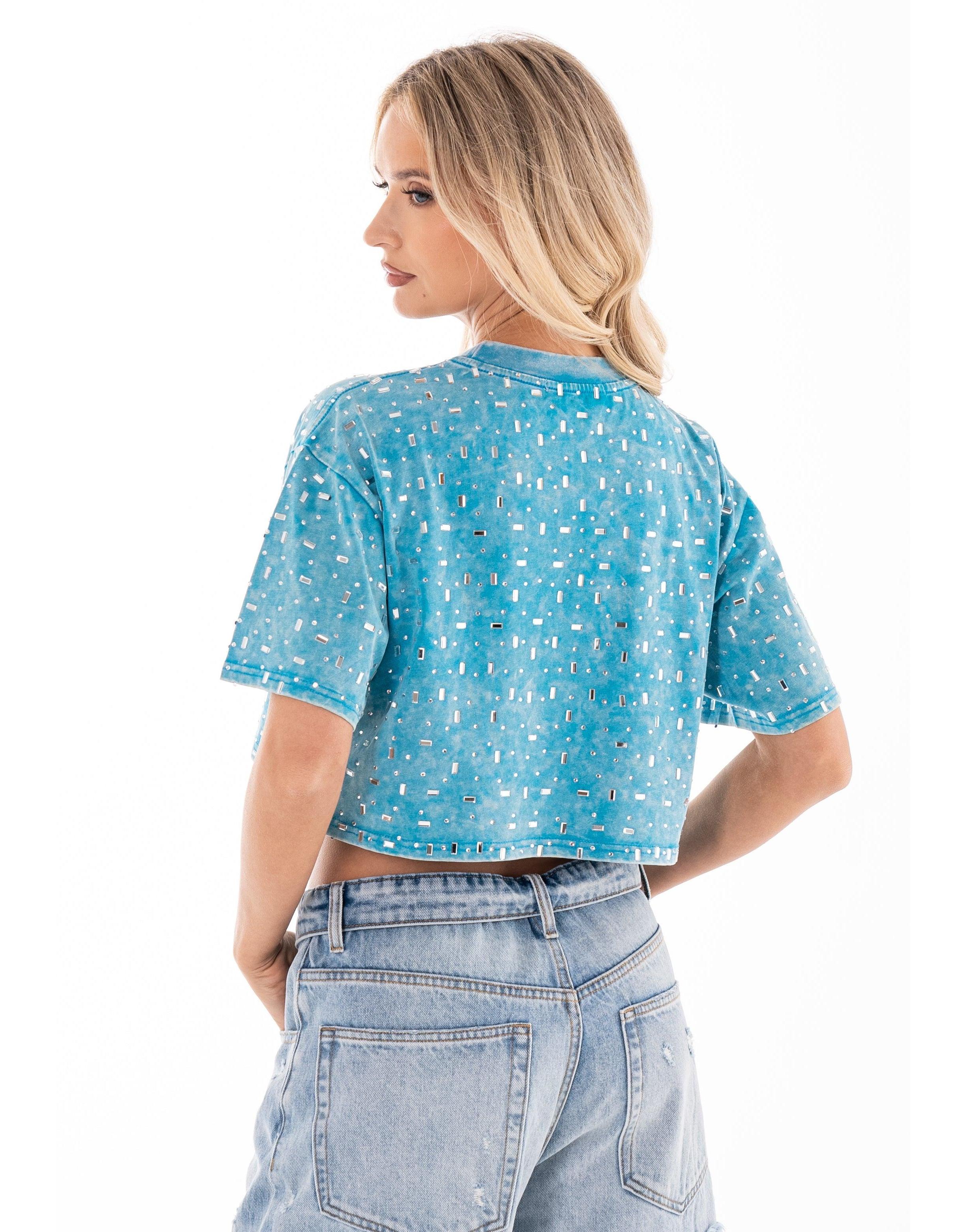 Speckled Short Sleeve Crop Top - Blue