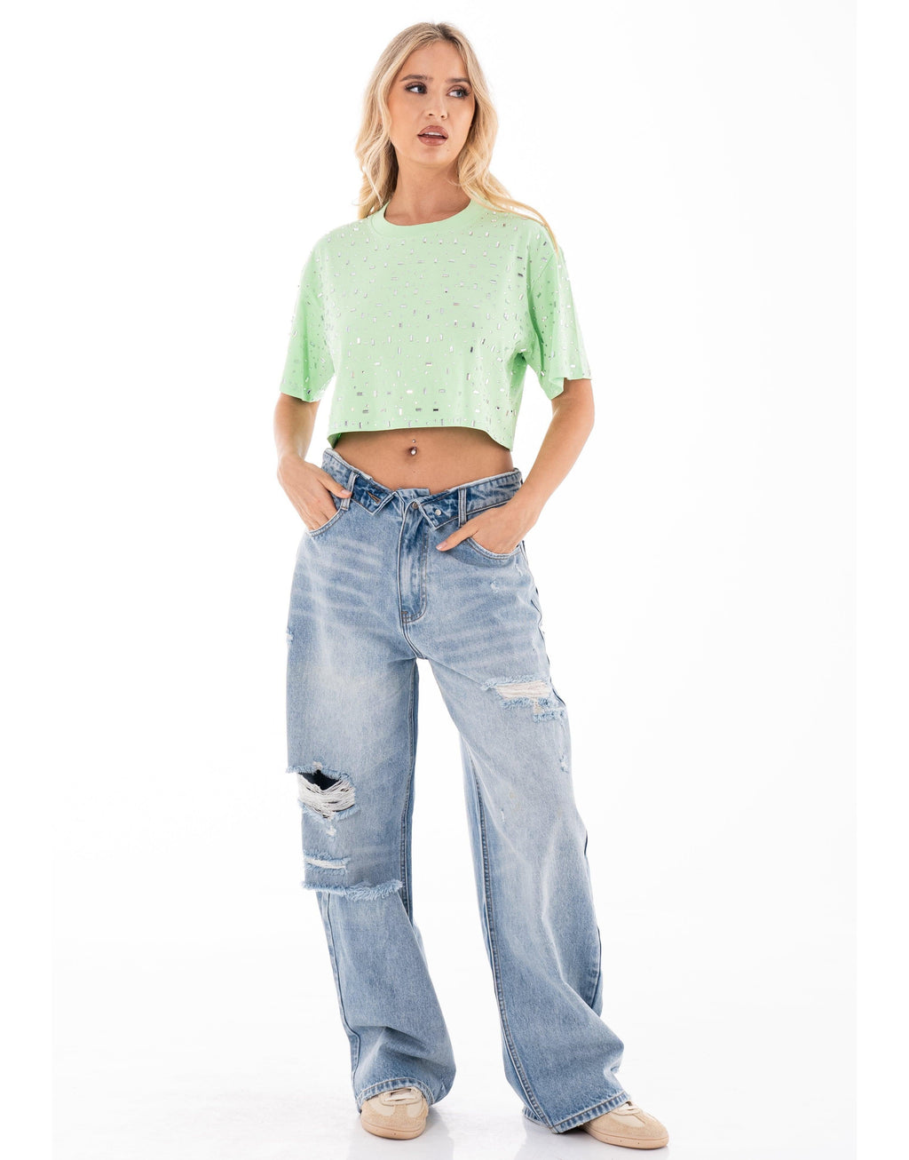 Speckled Short Sleeve Crop Top - Green