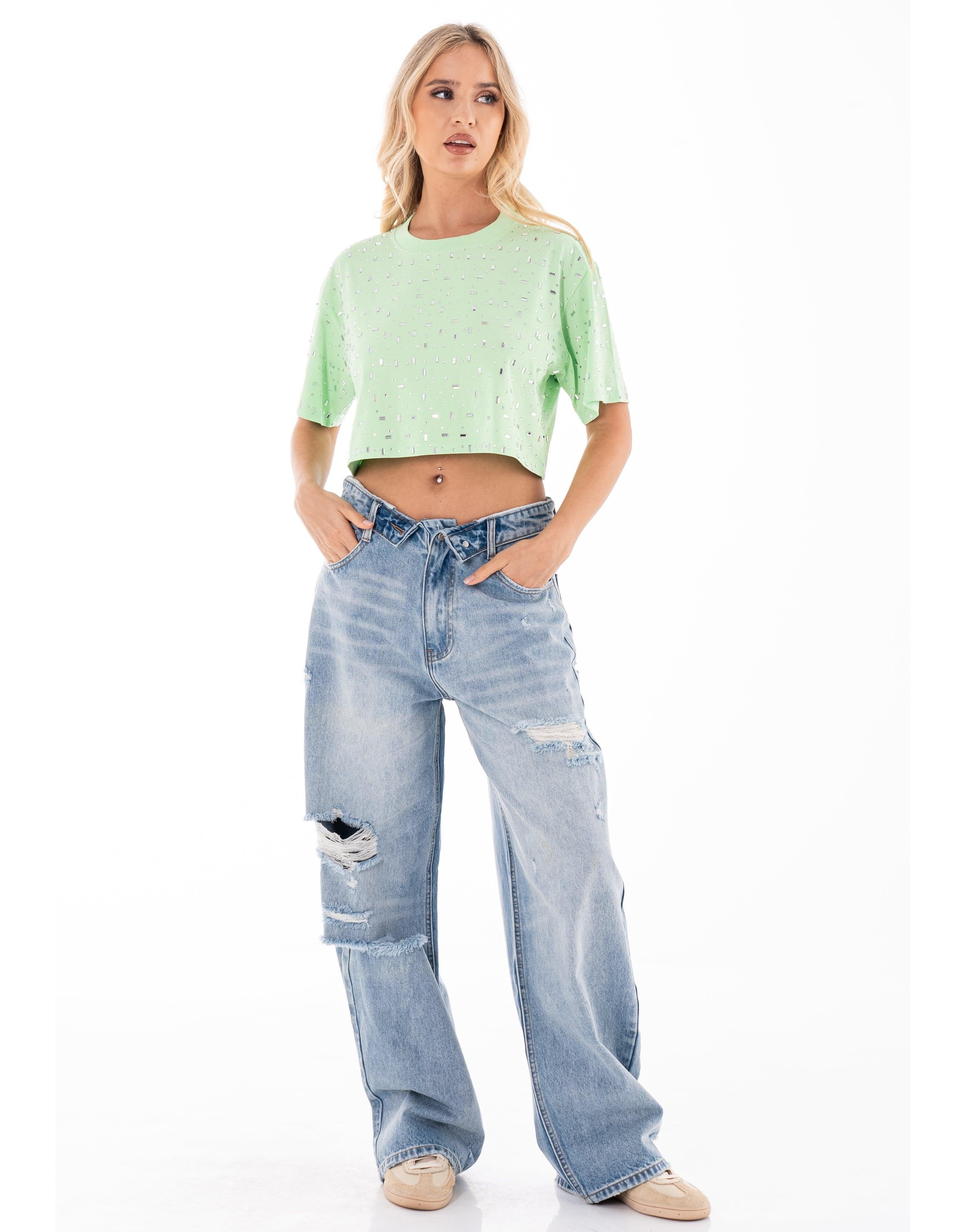 Speckled Short Sleeve Crop Top - Green