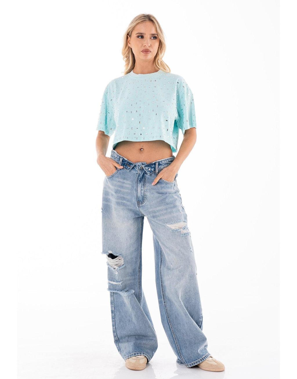 Speckled Short Sleeve Crop Top - Light Blue