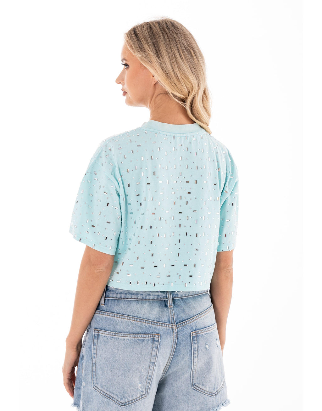 Speckled Short Sleeve Crop Top - Light Blue