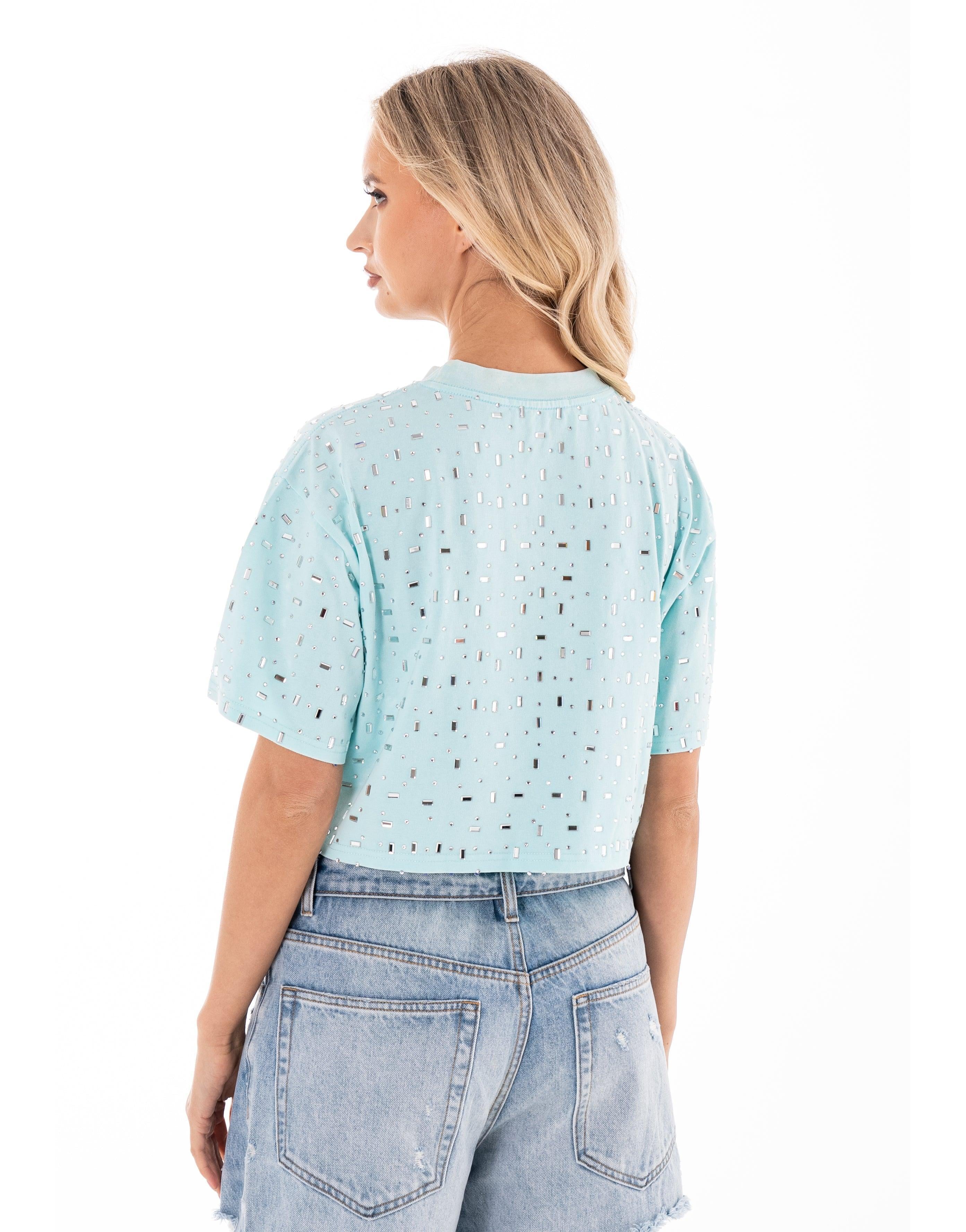 Speckled Short Sleeve Crop Top - Light Blue