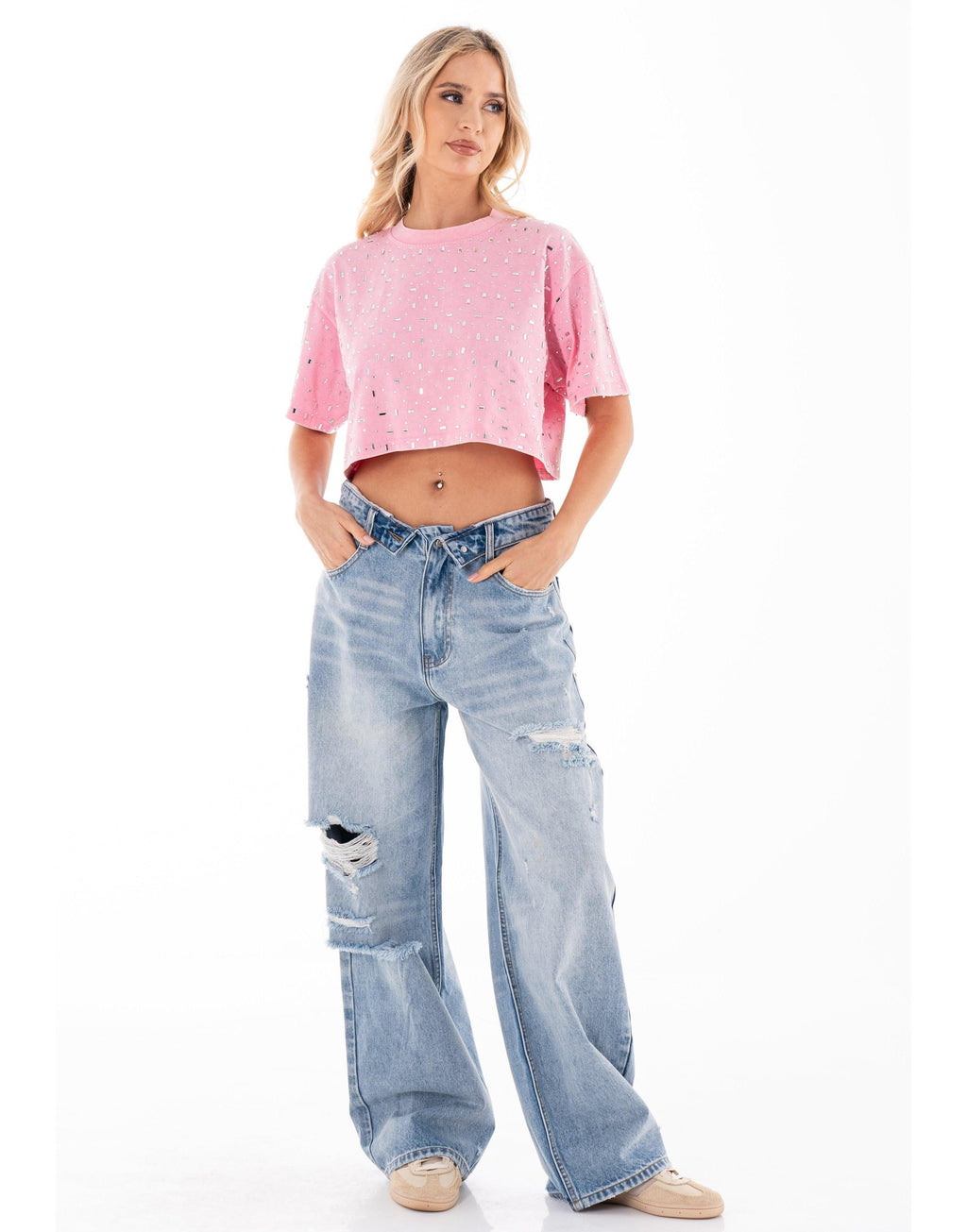Speckled Short Sleeve Crop Top - Pink