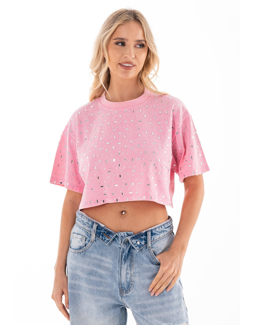 Speckled Short Sleeve Crop Top - Pink