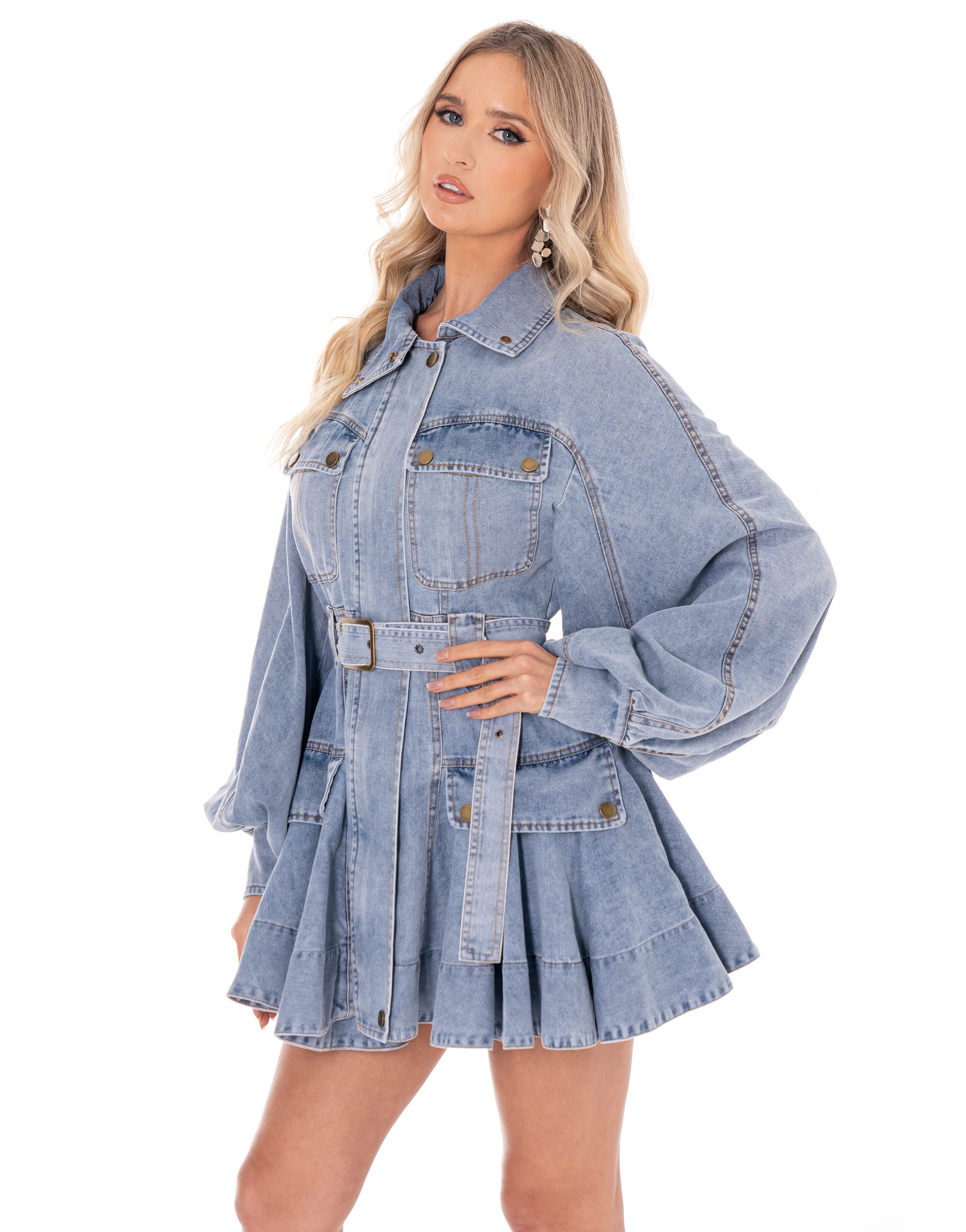 Denim Mini Shirt Dress - Light Denim