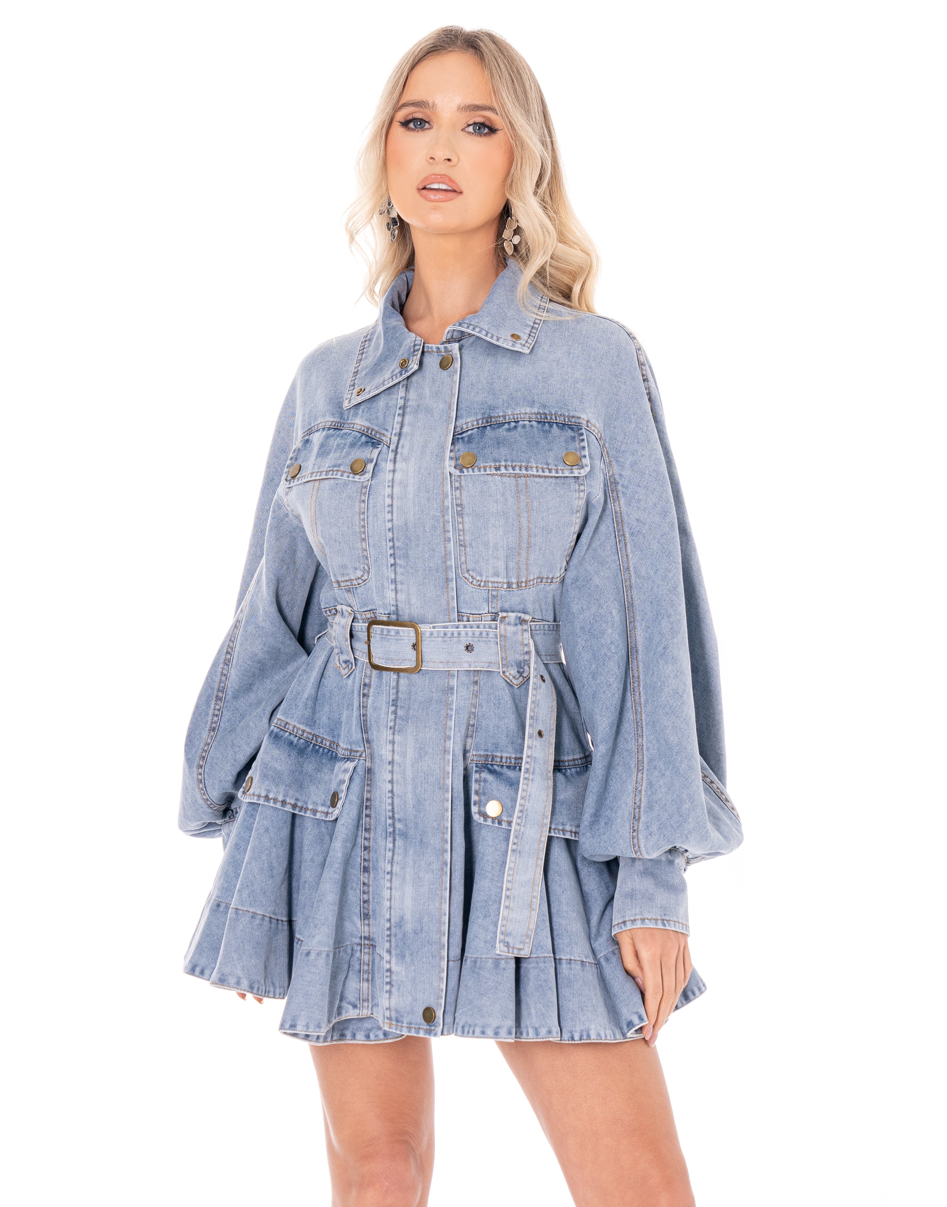 Denim Mini Shirt Dress - Light Denim