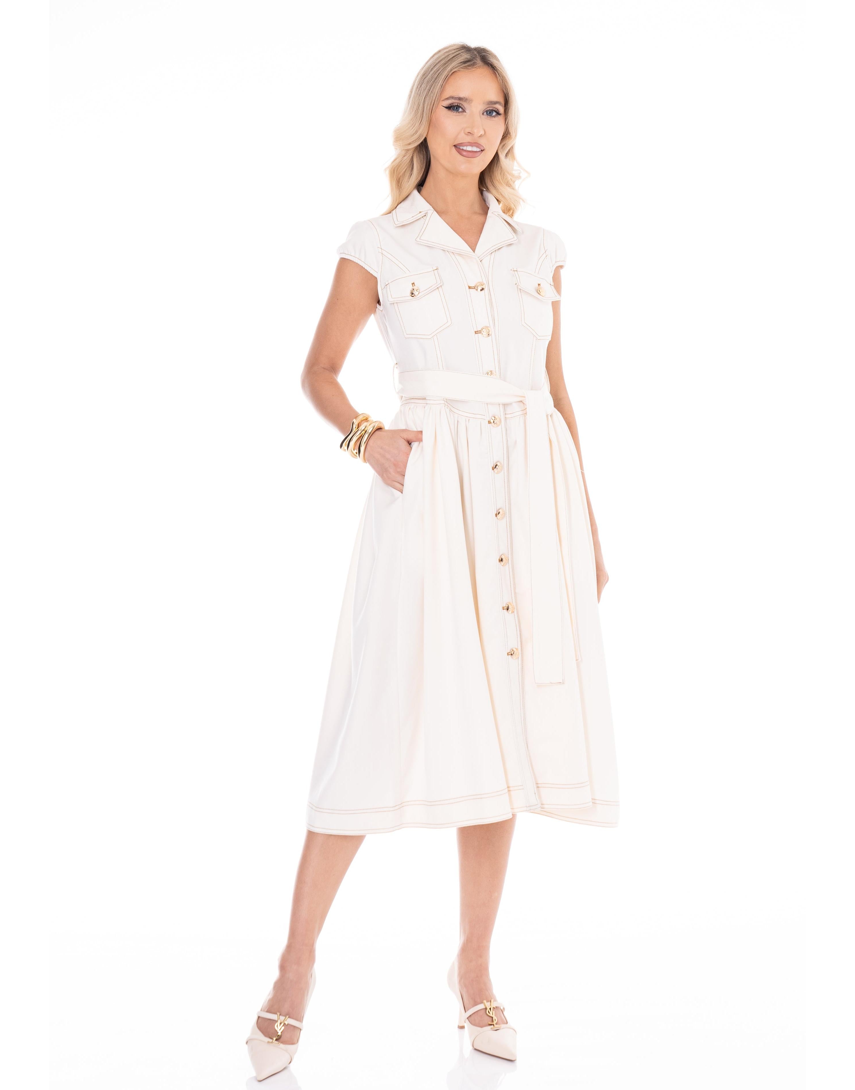 Button-Up Denim Midi Dress - Beige