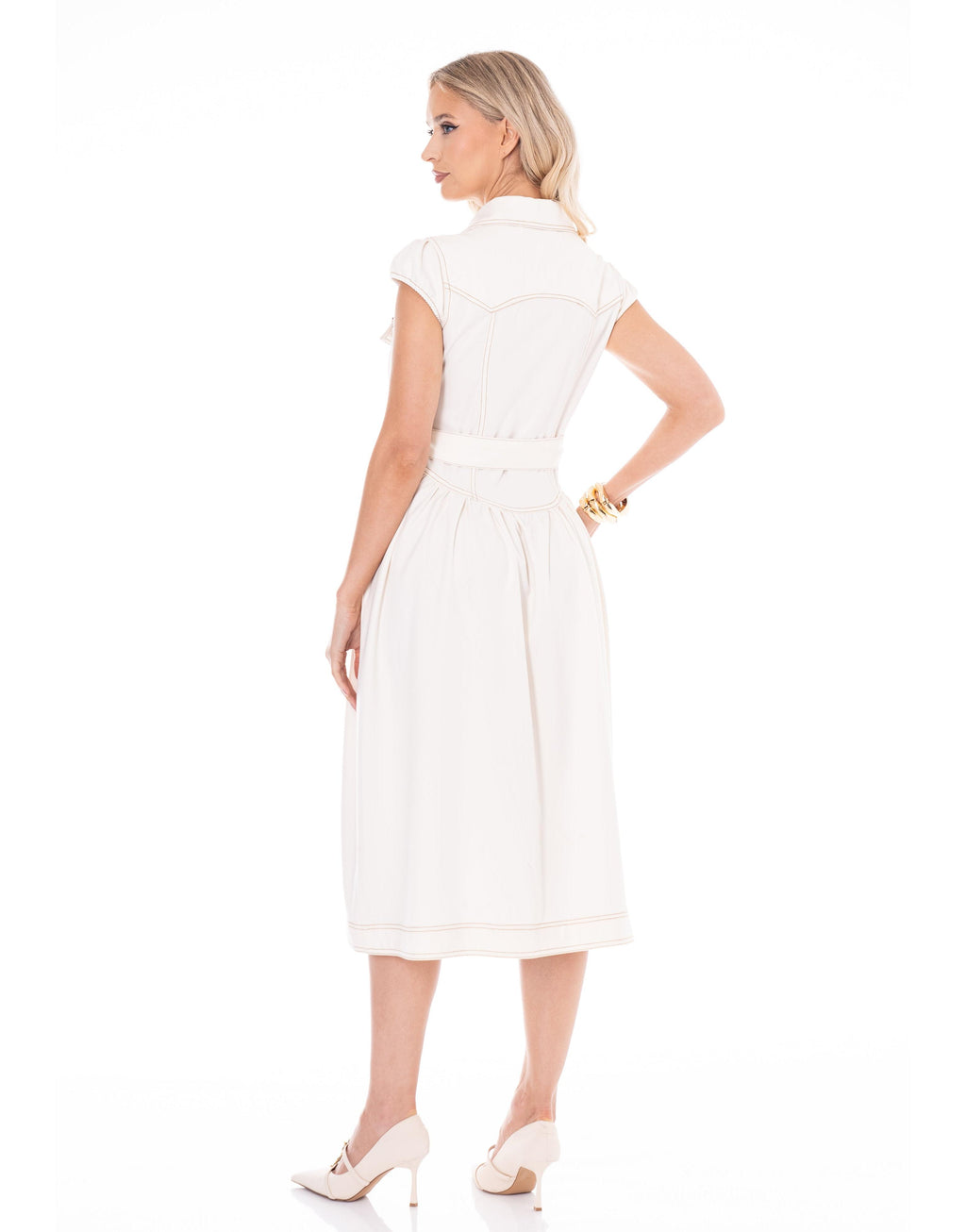 Button-Up Denim Midi Dress - Beige