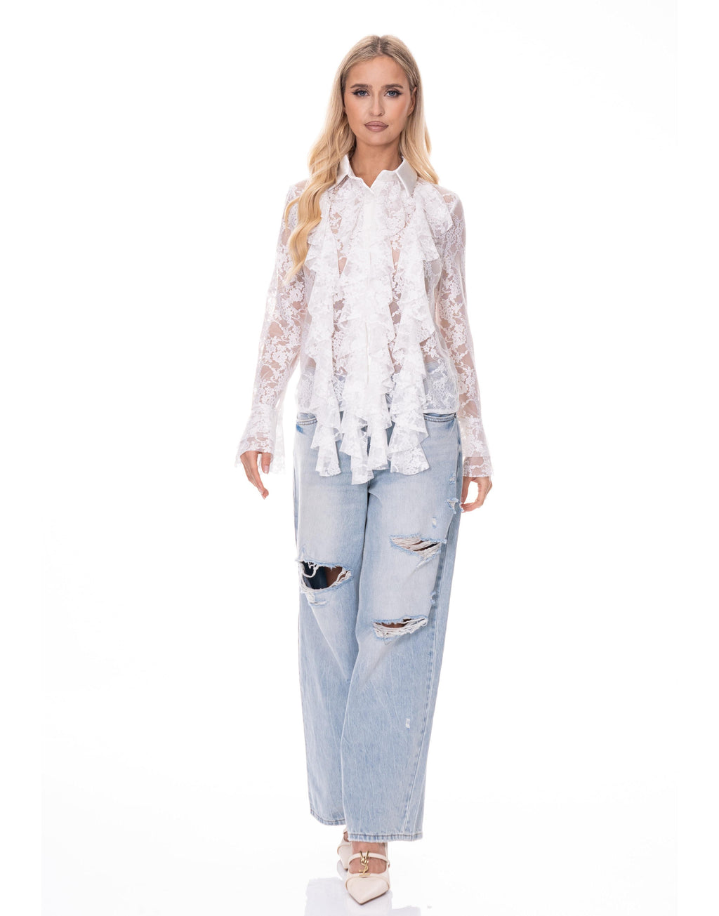 Lace Ruffle Long Sleeve Top - White