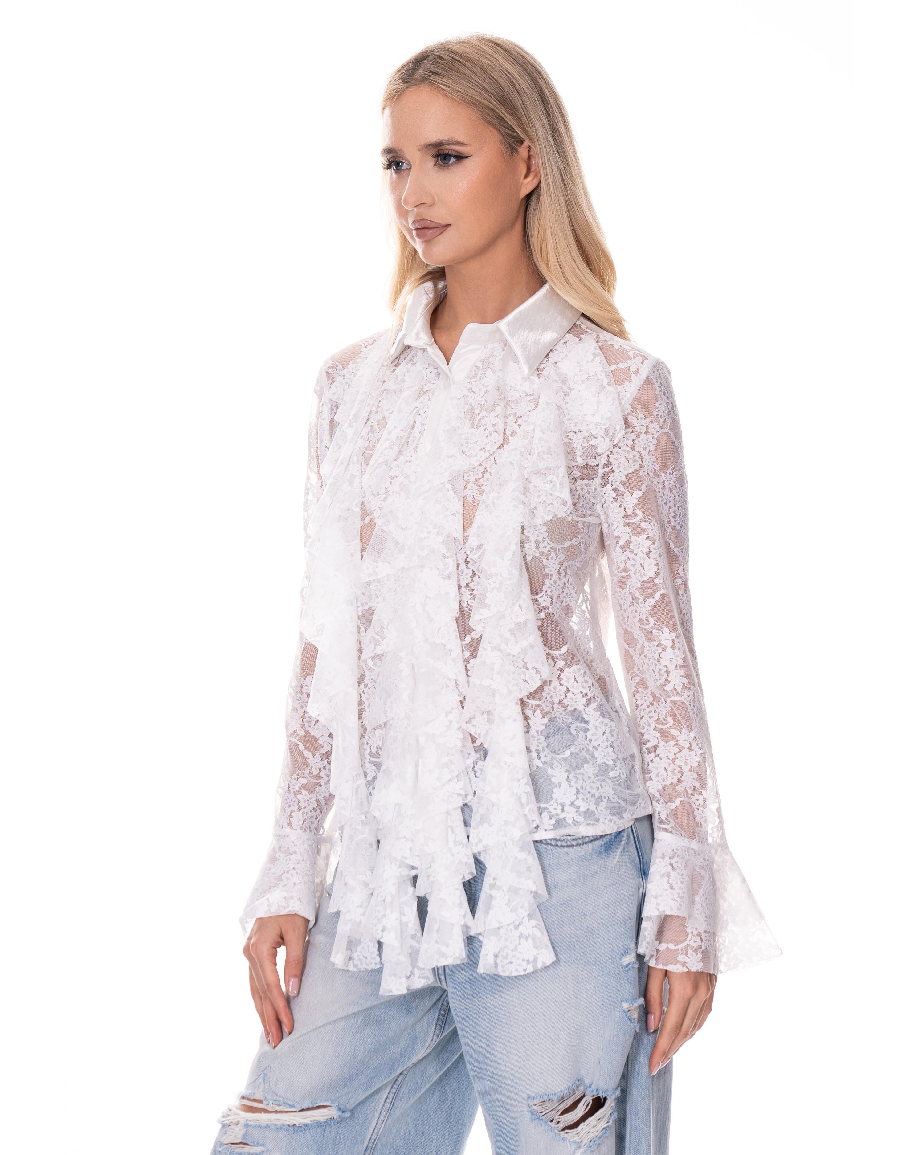 Lace Ruffle Long Sleeve Top - White