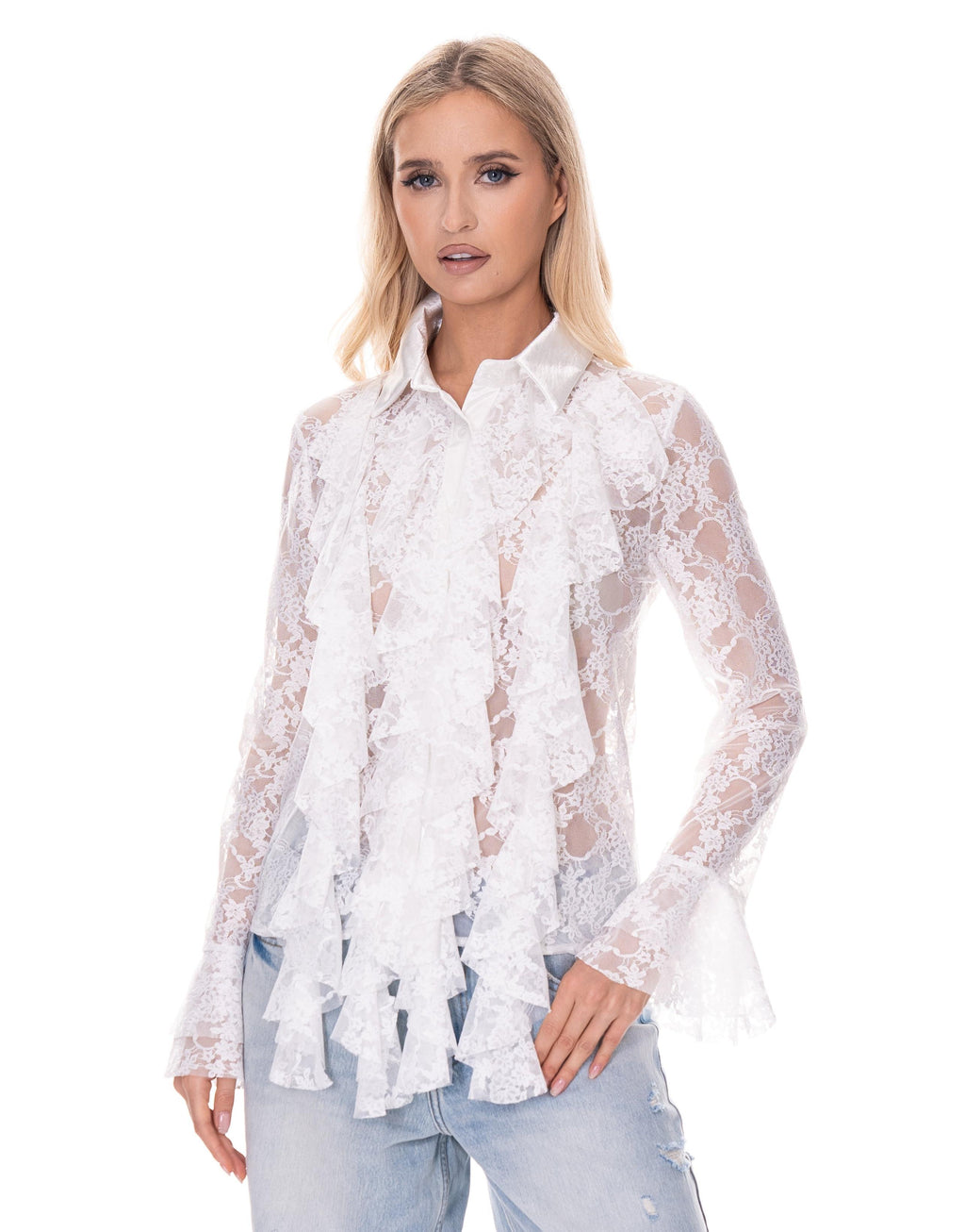 Lace Ruffle Long Sleeve Top - White