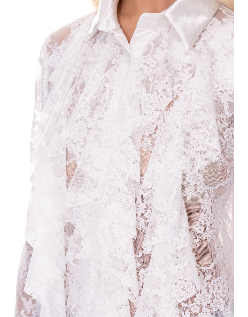 Lace Ruffle Long Sleeve Top - White