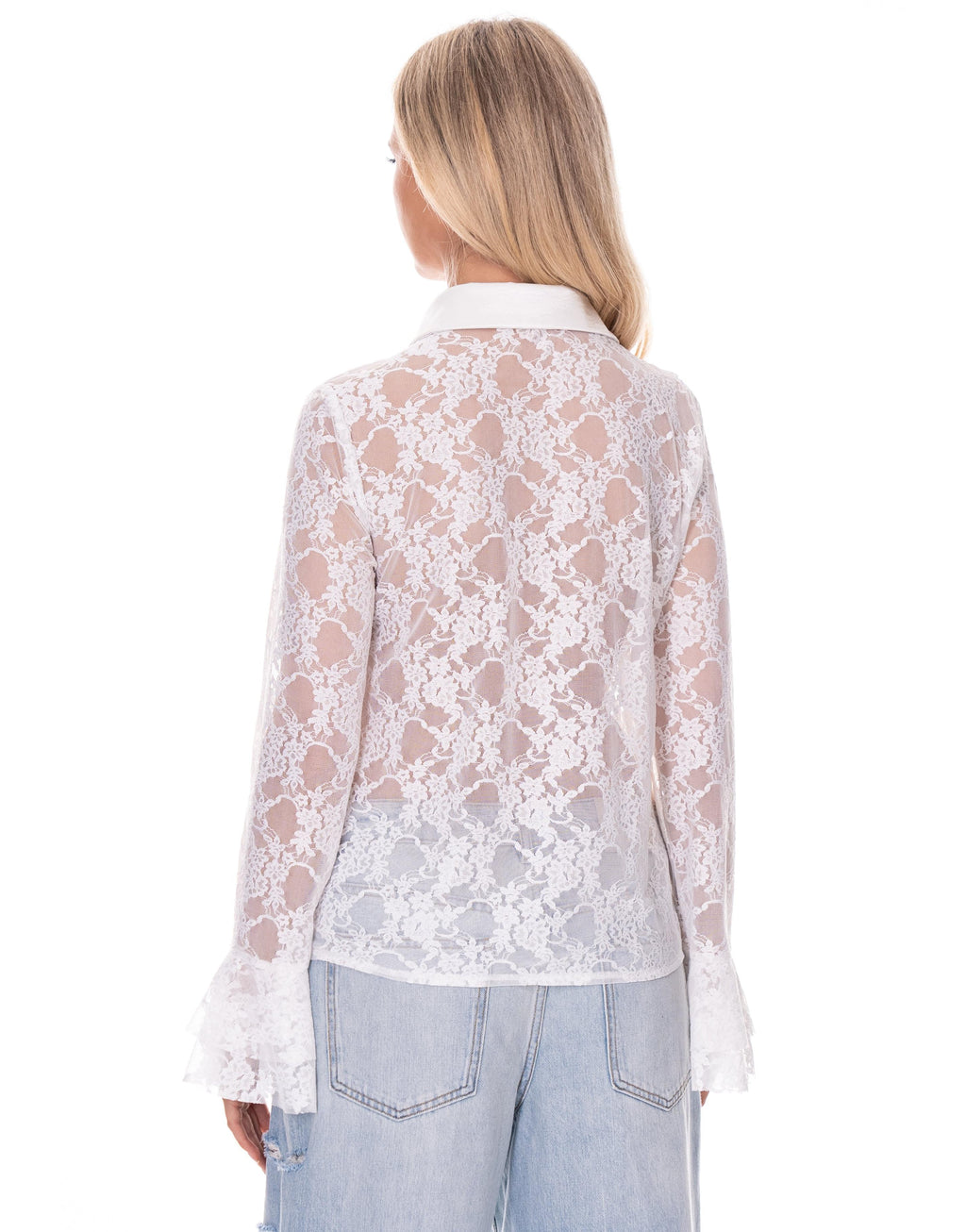 Lace Ruffle Long Sleeve Top - White