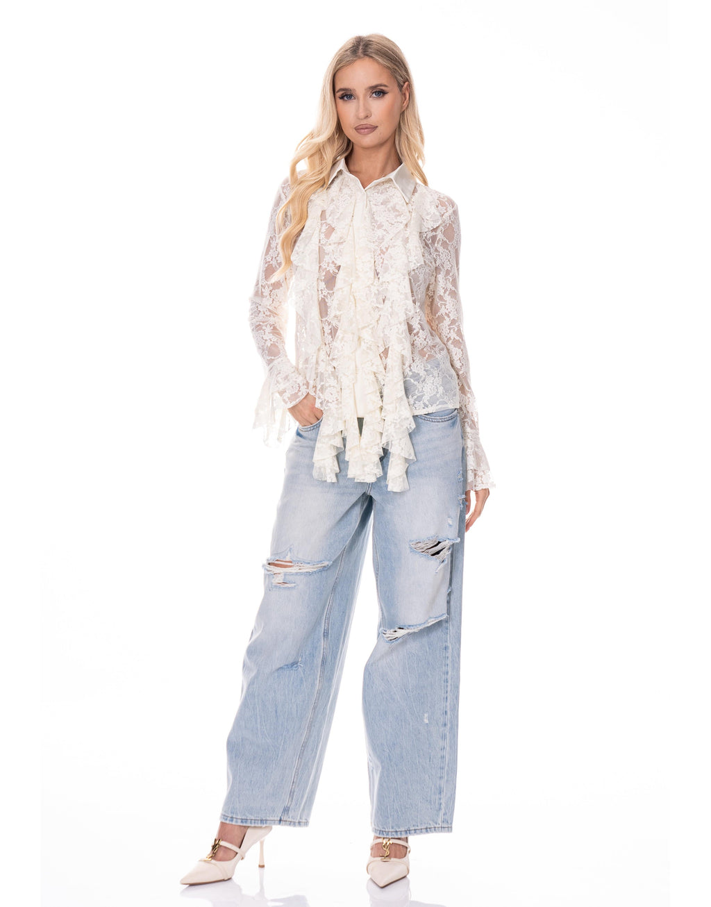Lace Ruffle Long Sleeve Top - Yellow
