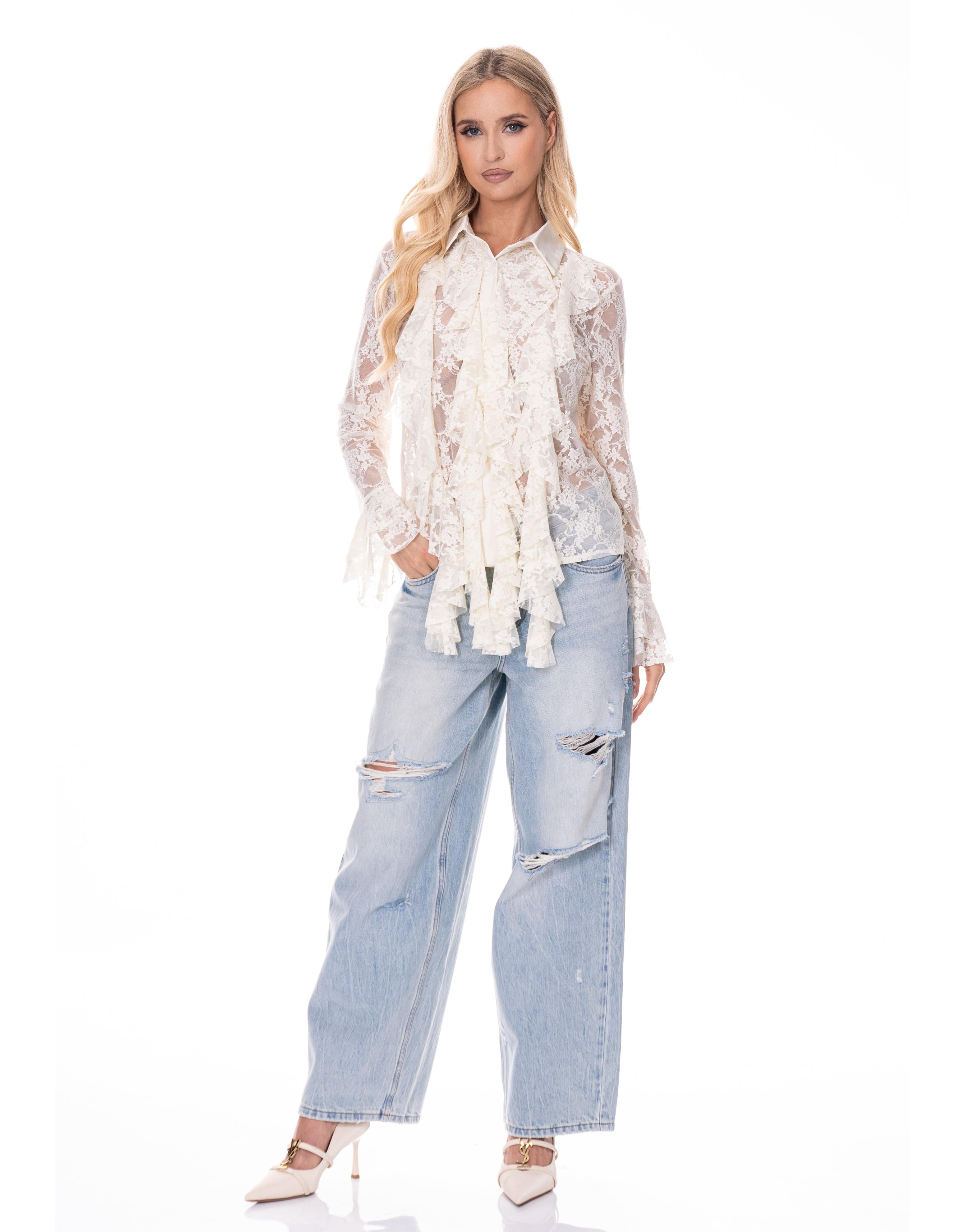 Lace Ruffle Long Sleeve Top - Yellow