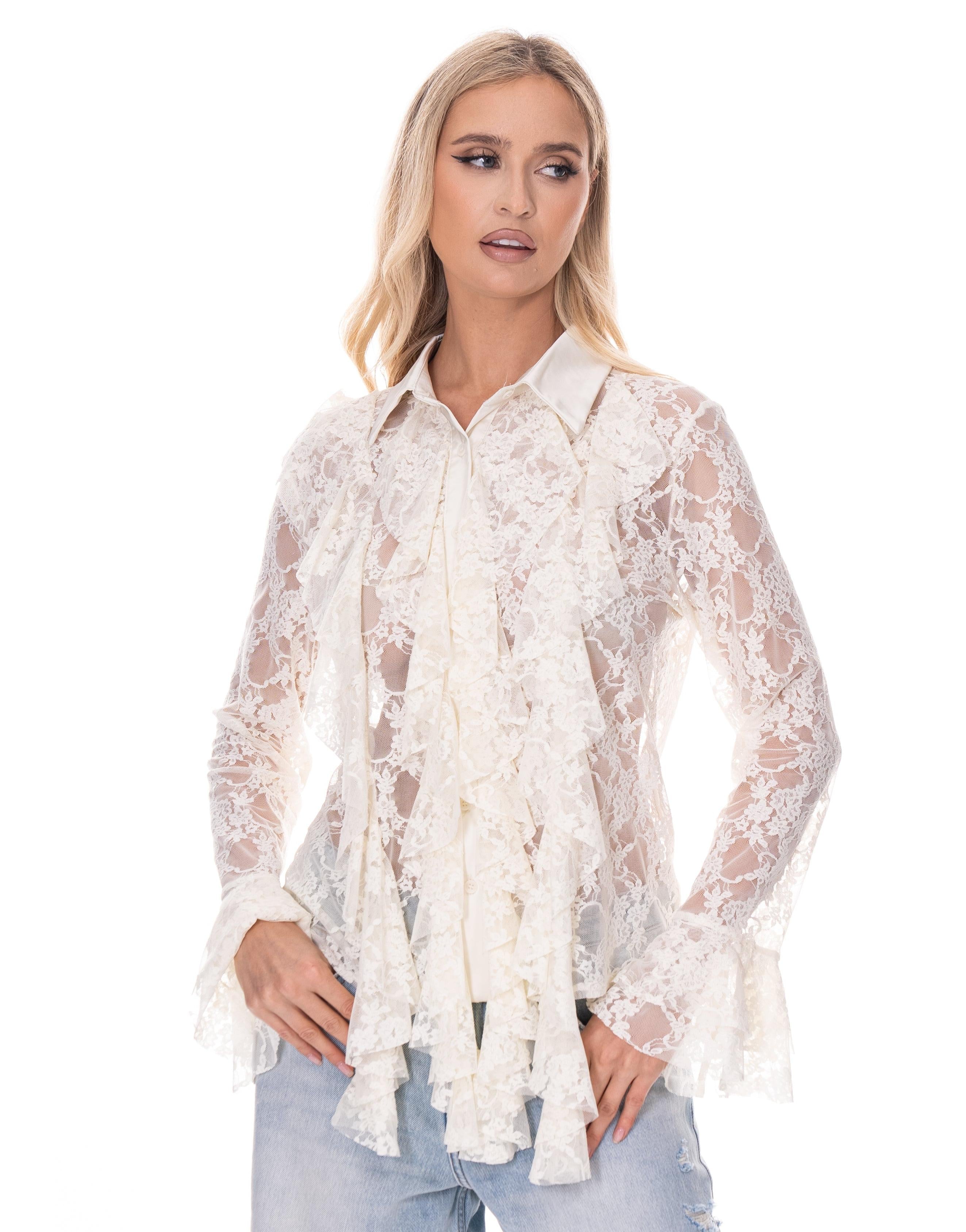 Lace Ruffle Long Sleeve Top - Yellow
