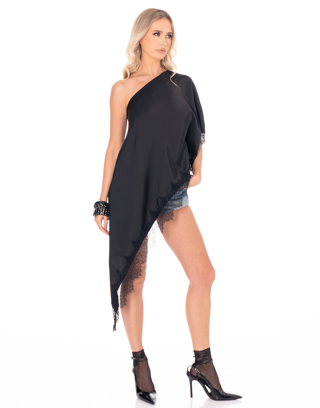 Asymmetric Lace-Trim Tank - Black