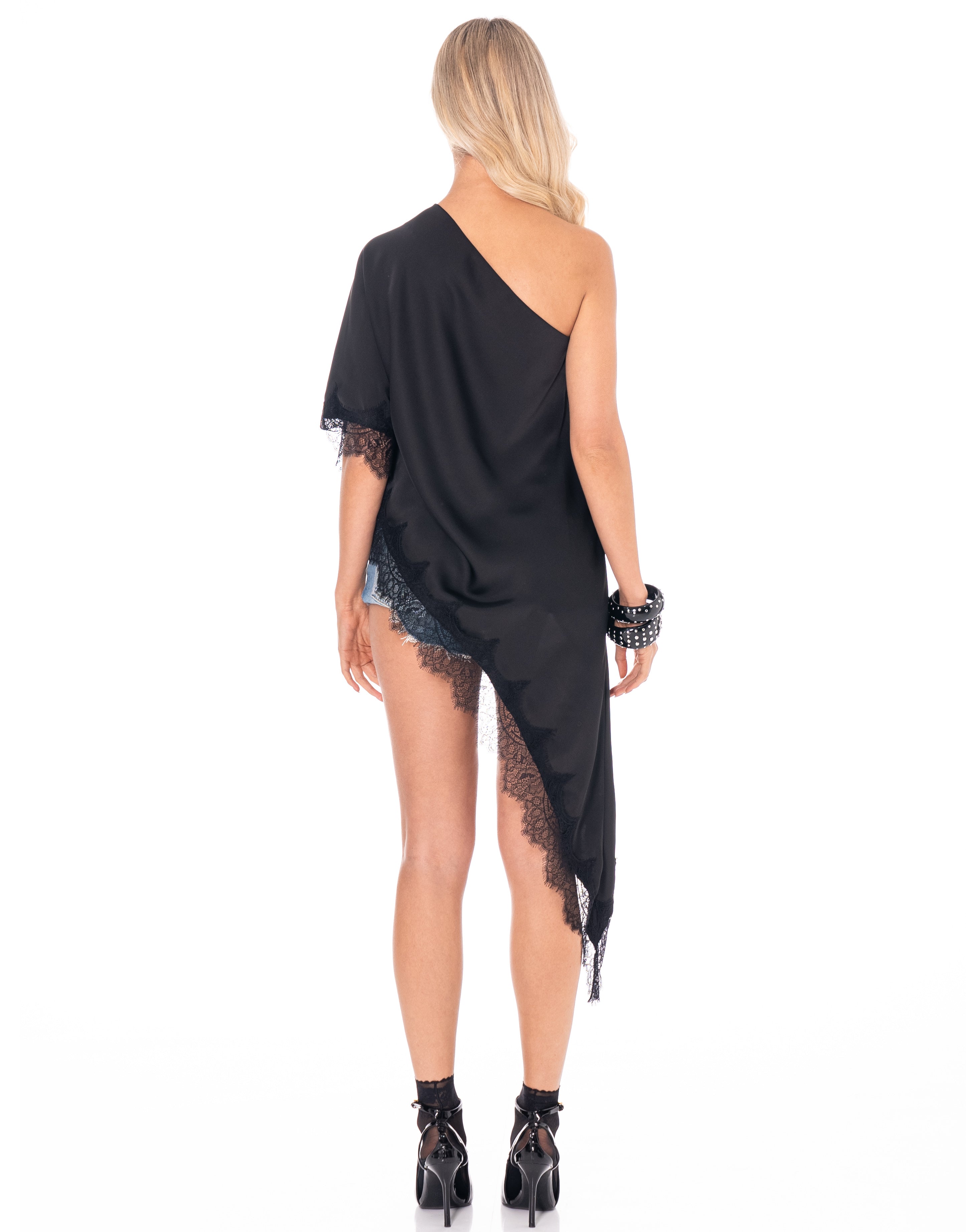 Asymmetric Lace-Trim Tank - Black