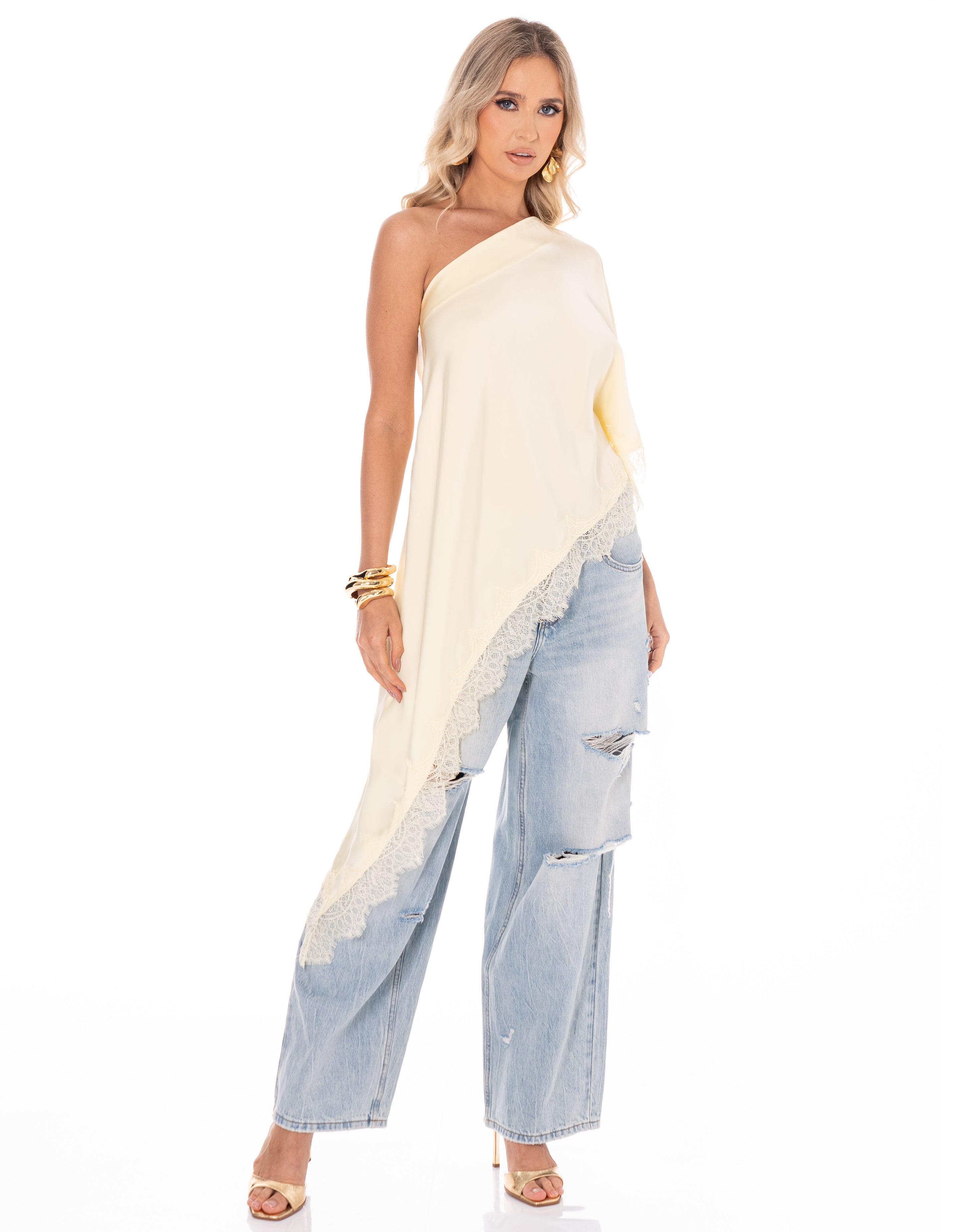 Asymmetric Lace-Trim Tank - Yellow