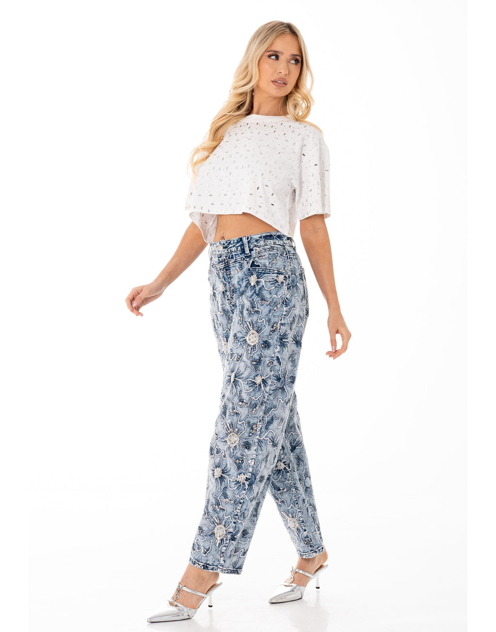 Floral Embroidered Wide-Leg Jeans - Denim