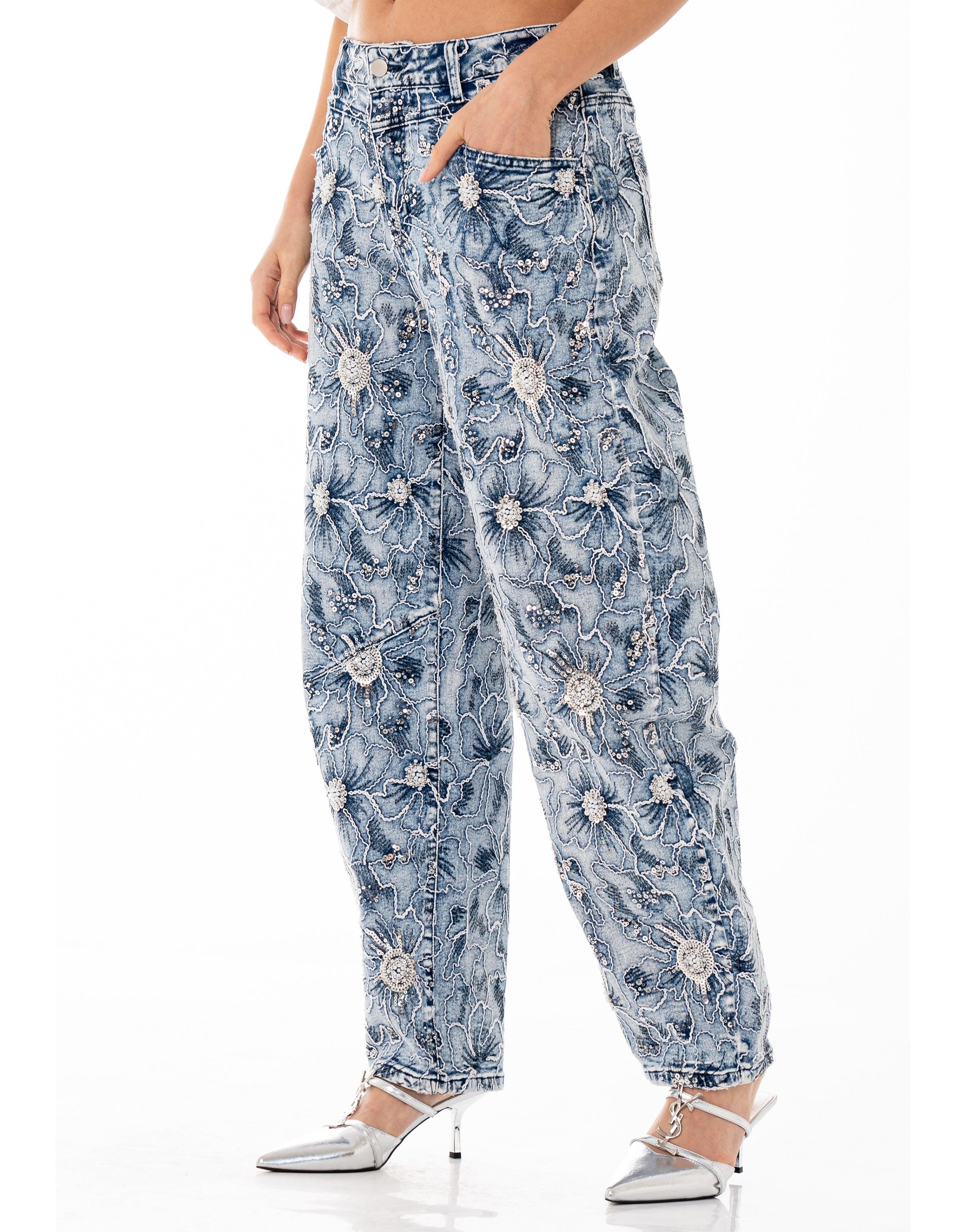 Floral Embroidered Wide-Leg Jeans - Denim
