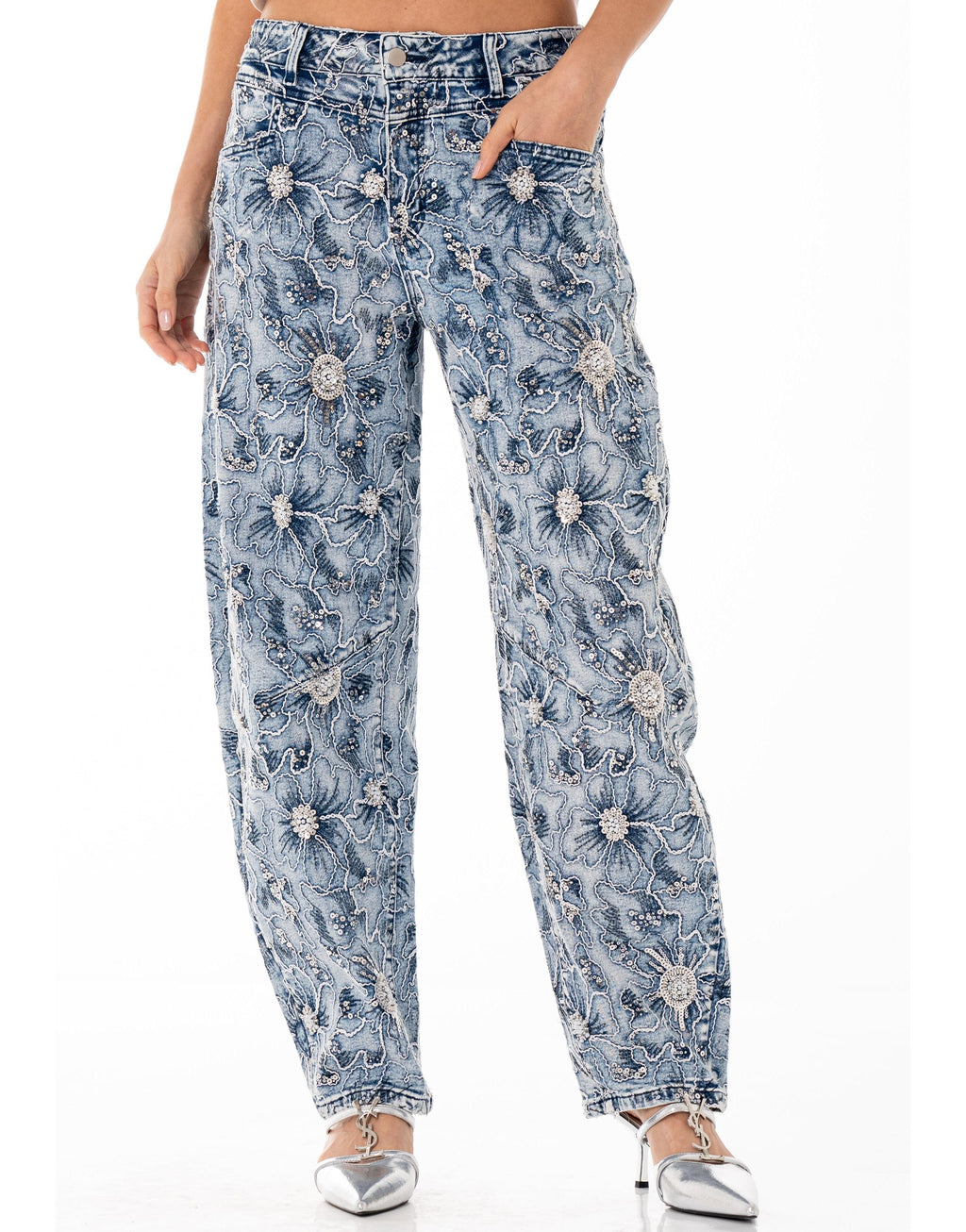 Floral Embroidered Wide-Leg Jeans - Denim